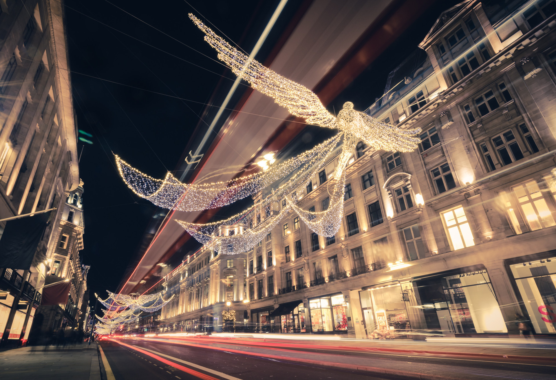 Regent Street Angels Holiday Lights with Double Decker Bus Light Trails in London, United Kingdom; Shutterstock ID 744369256; SF SSA Case with Manager Approval: SF6759285; Job: ; Client/Licensee: ; Other: