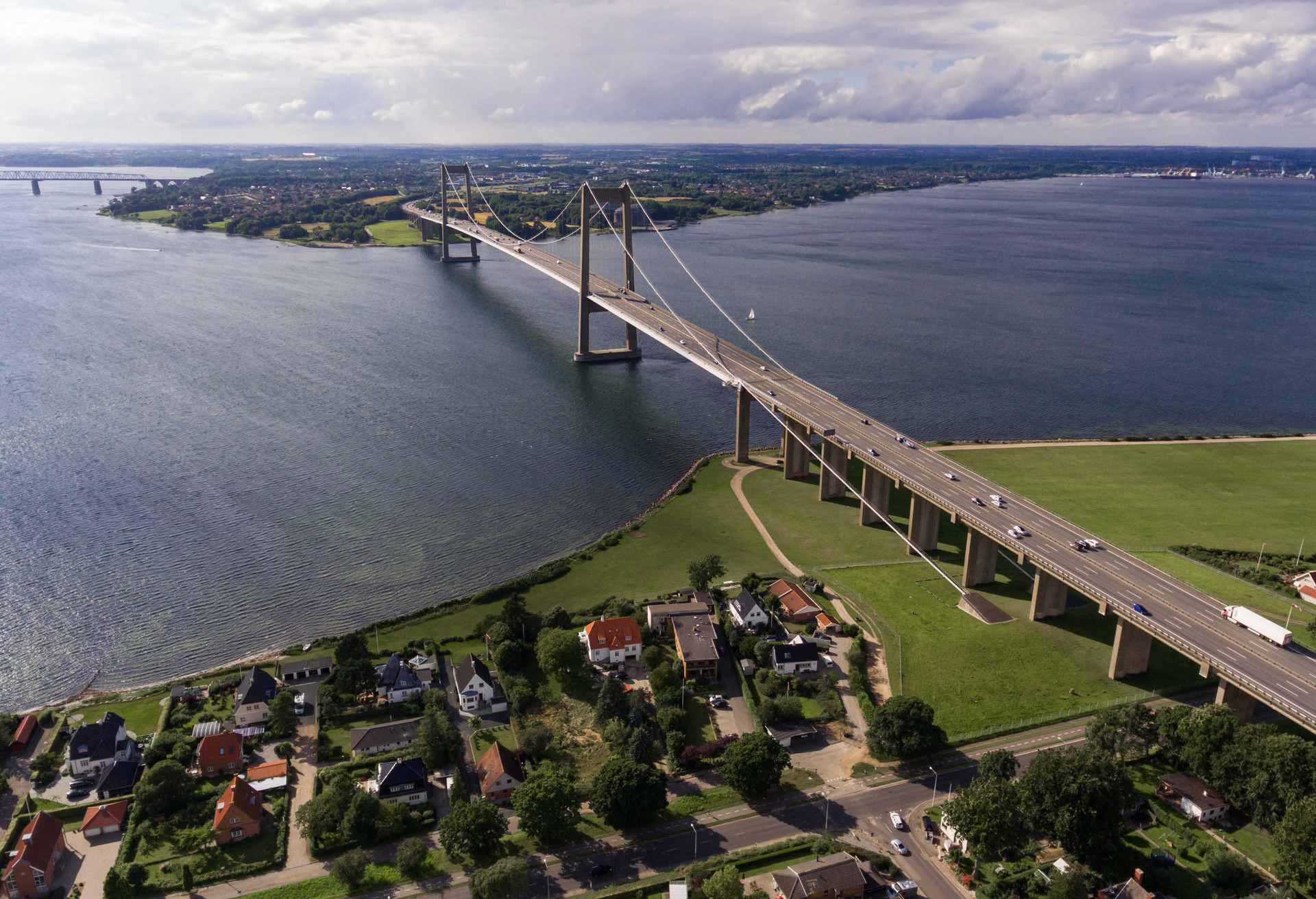 New Little Belt Bridge and small town of Middelfart seen from aerial view