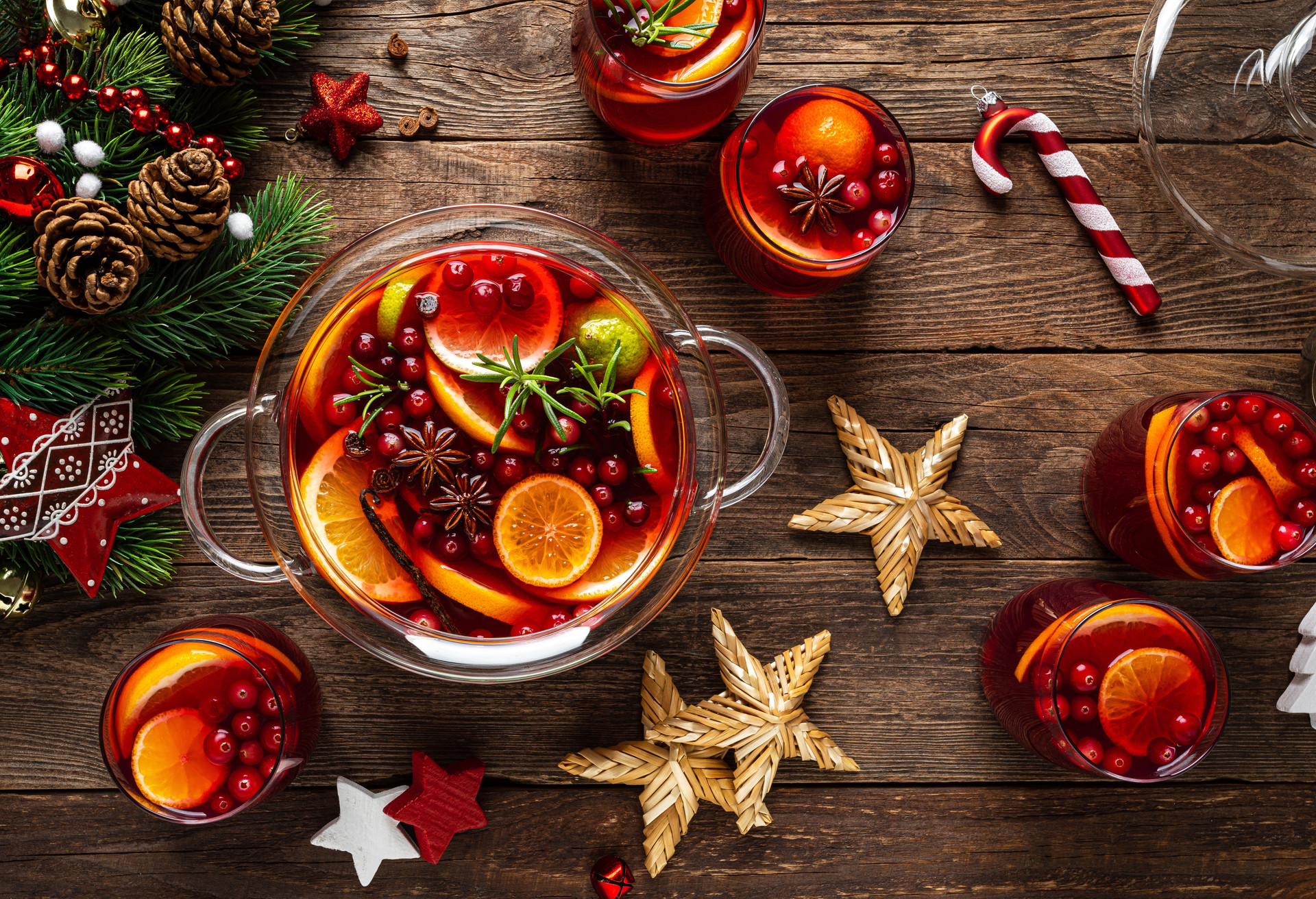 Christmas mulled wine punch. Festive red hot toddy cocktail, drink with cranberries and citrus fruits; Shutterstock ID 1569791311