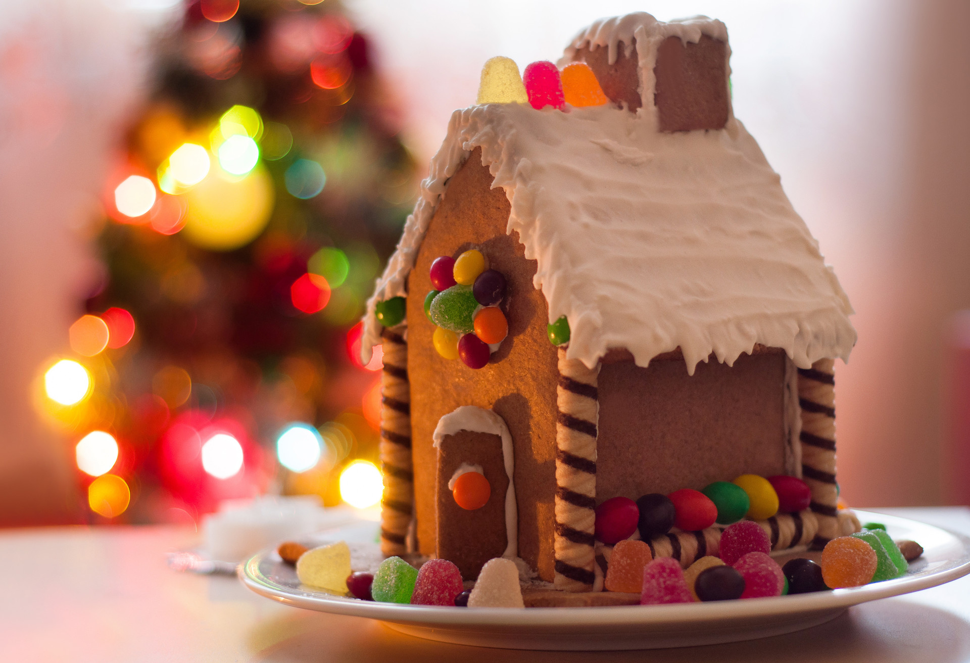 Gingerbread house Christmas lights background; Shutterstock ID 231732376; Purpose: Virtual Christmas Guides; Brand (KAYAK, Momondo, Any): Kayak; Client/Licensee: KAYAK