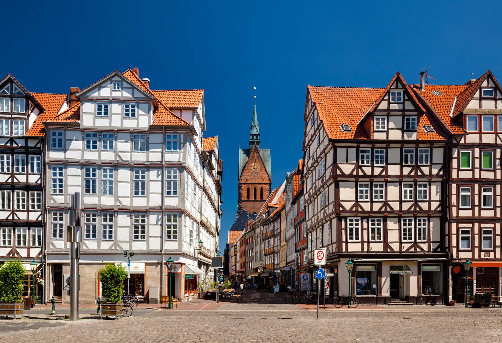 Half-timbered houses in the Old Town, the Market Church/Marktkirche is visible in the center - Hanover/Hannover, Germany.