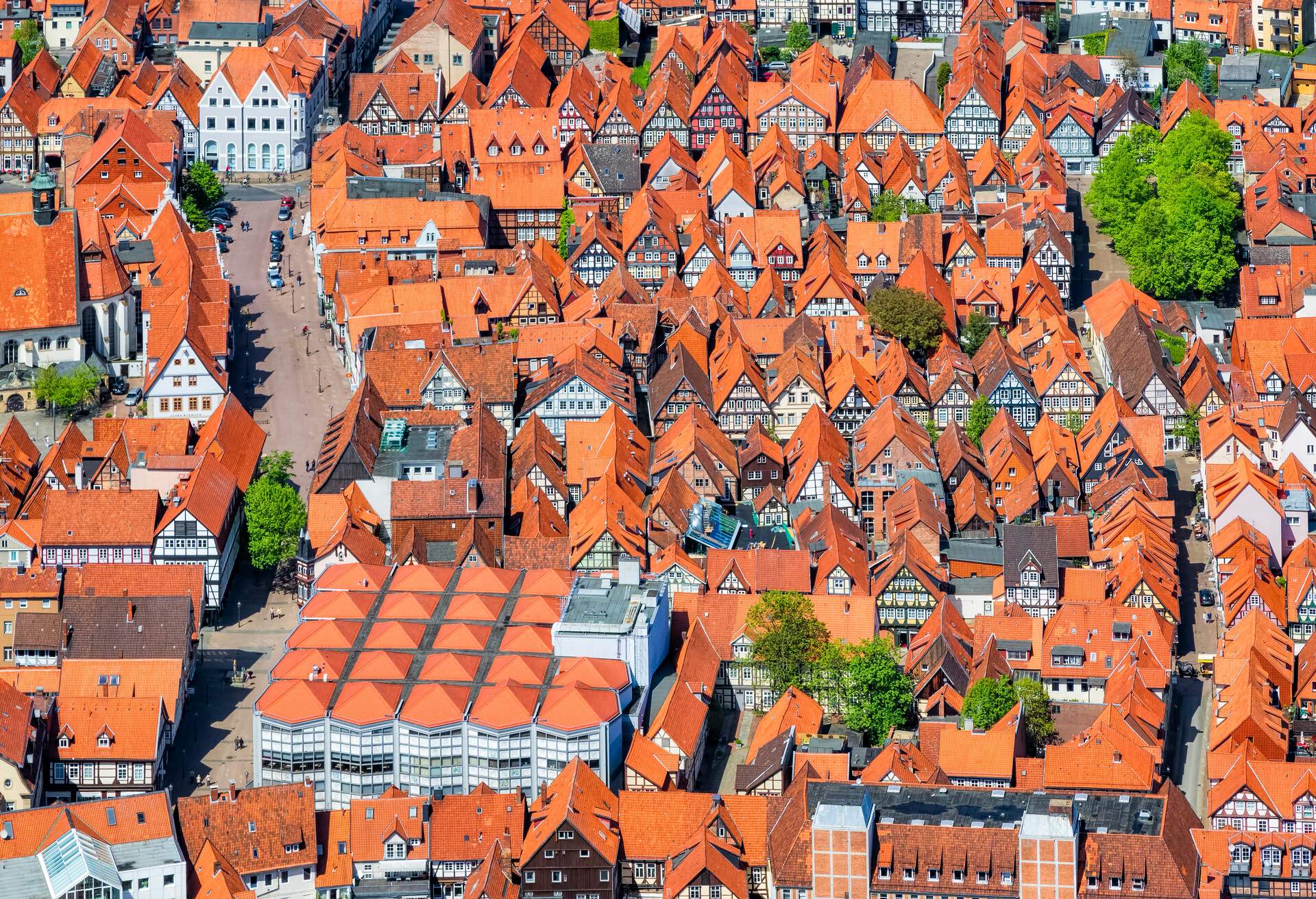 A compact cluster of traditional half-timber houses lined in rows.