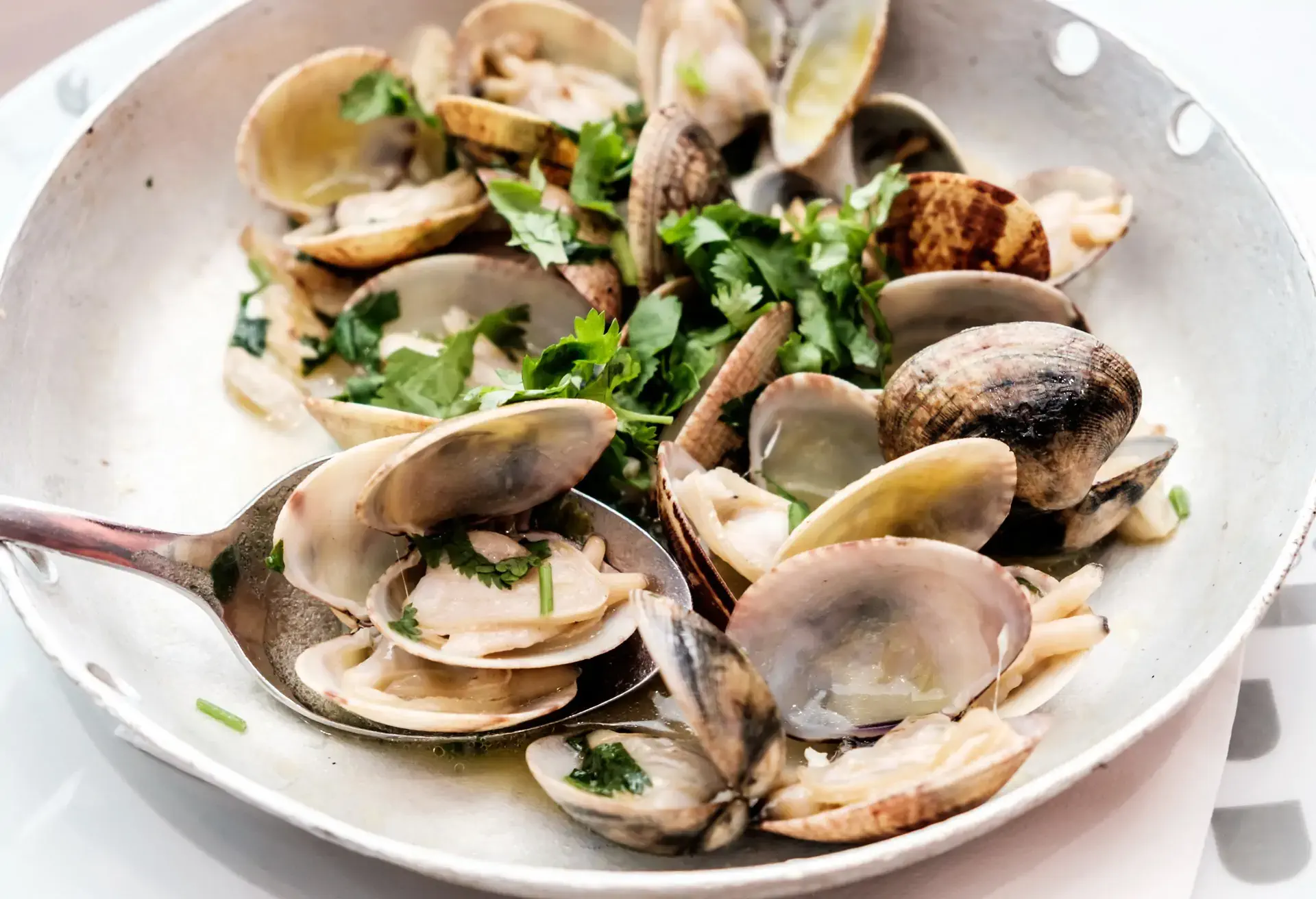 Amêijoas à Bulhão Pato mussles with herbs in a grey plate with a silver spoon