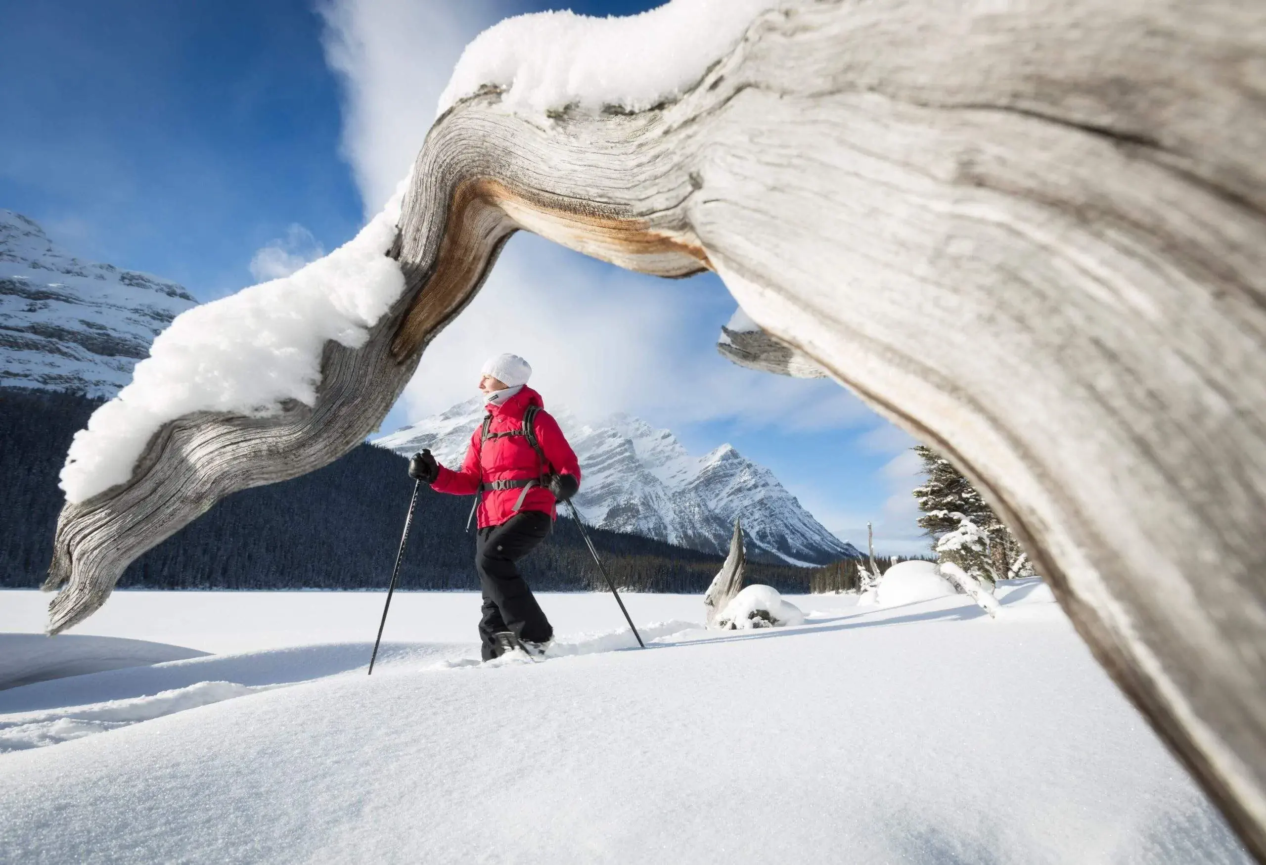 A person dressed in winter clothing walks on heavy snow using ski poles.