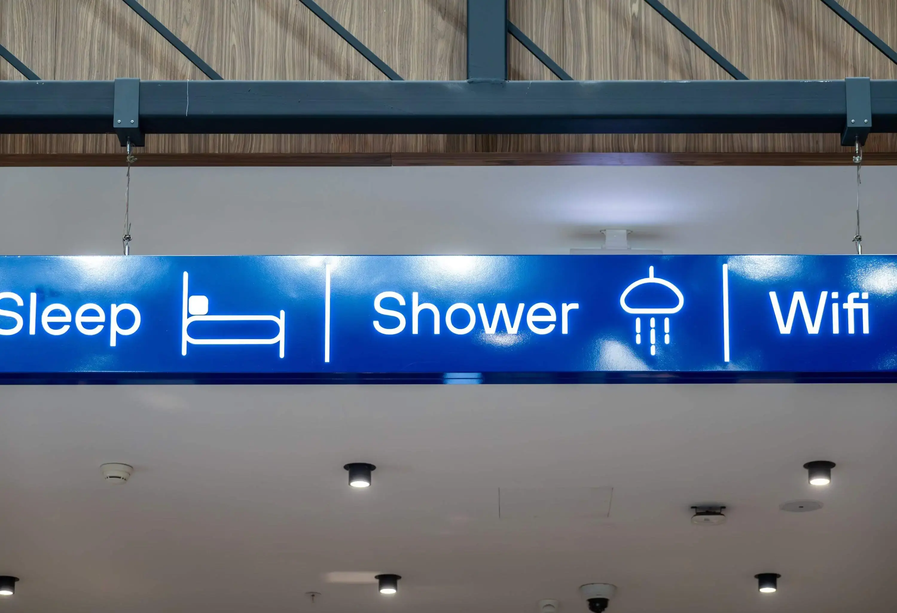 Istanbul, Turkey A sign inside the airport  at the Sabiha Gokcen Airport SAW says Sleep, Shower and Wifi.