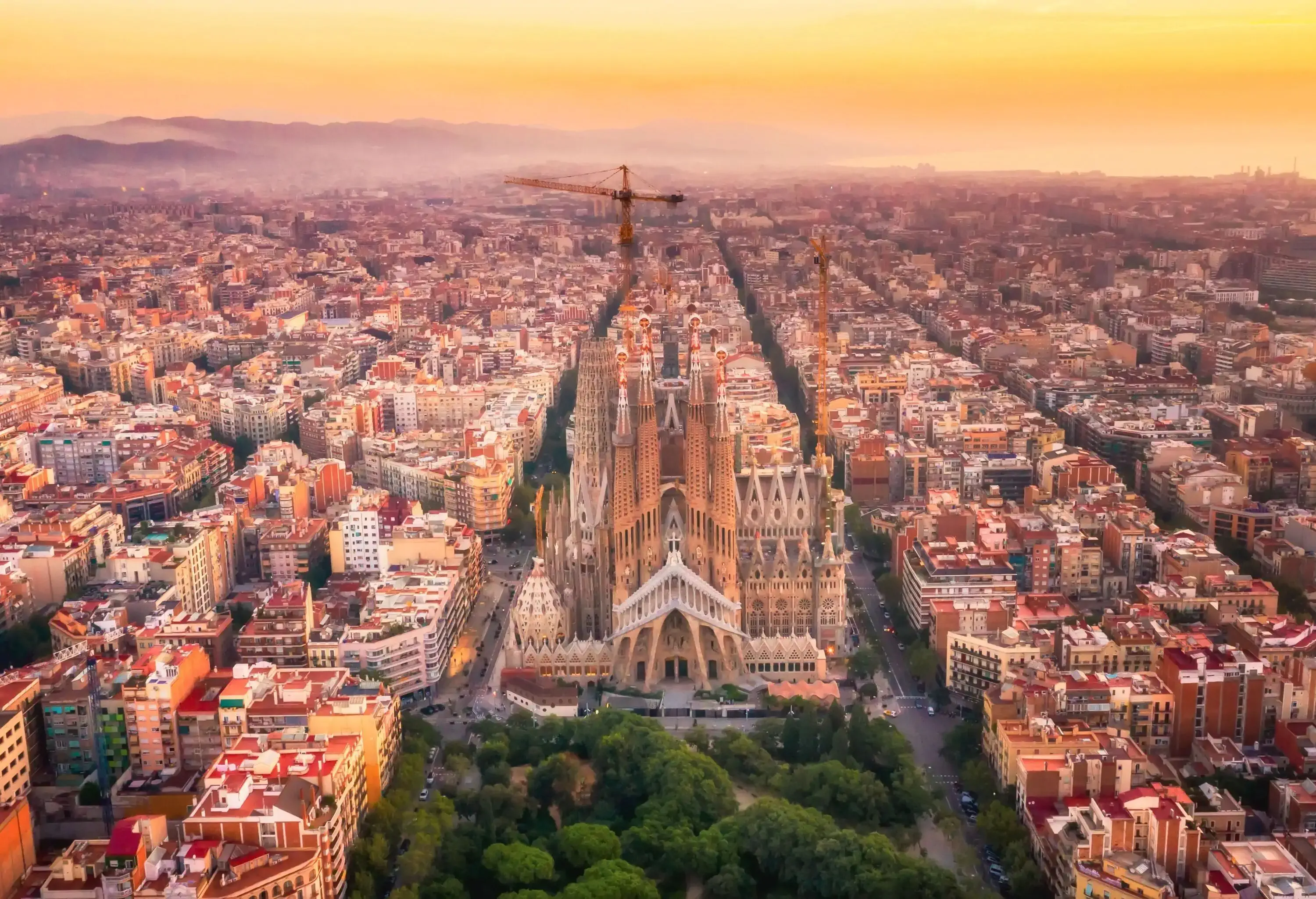 Stunning city skyline of Barcelona with the Sagrada Familia in the centre.