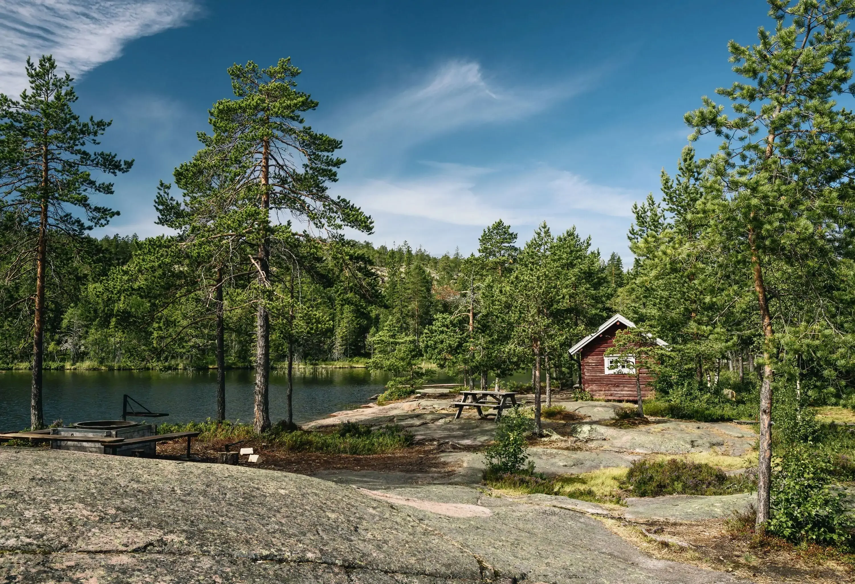 A wooden shed by the lake surrounded by tall trees.