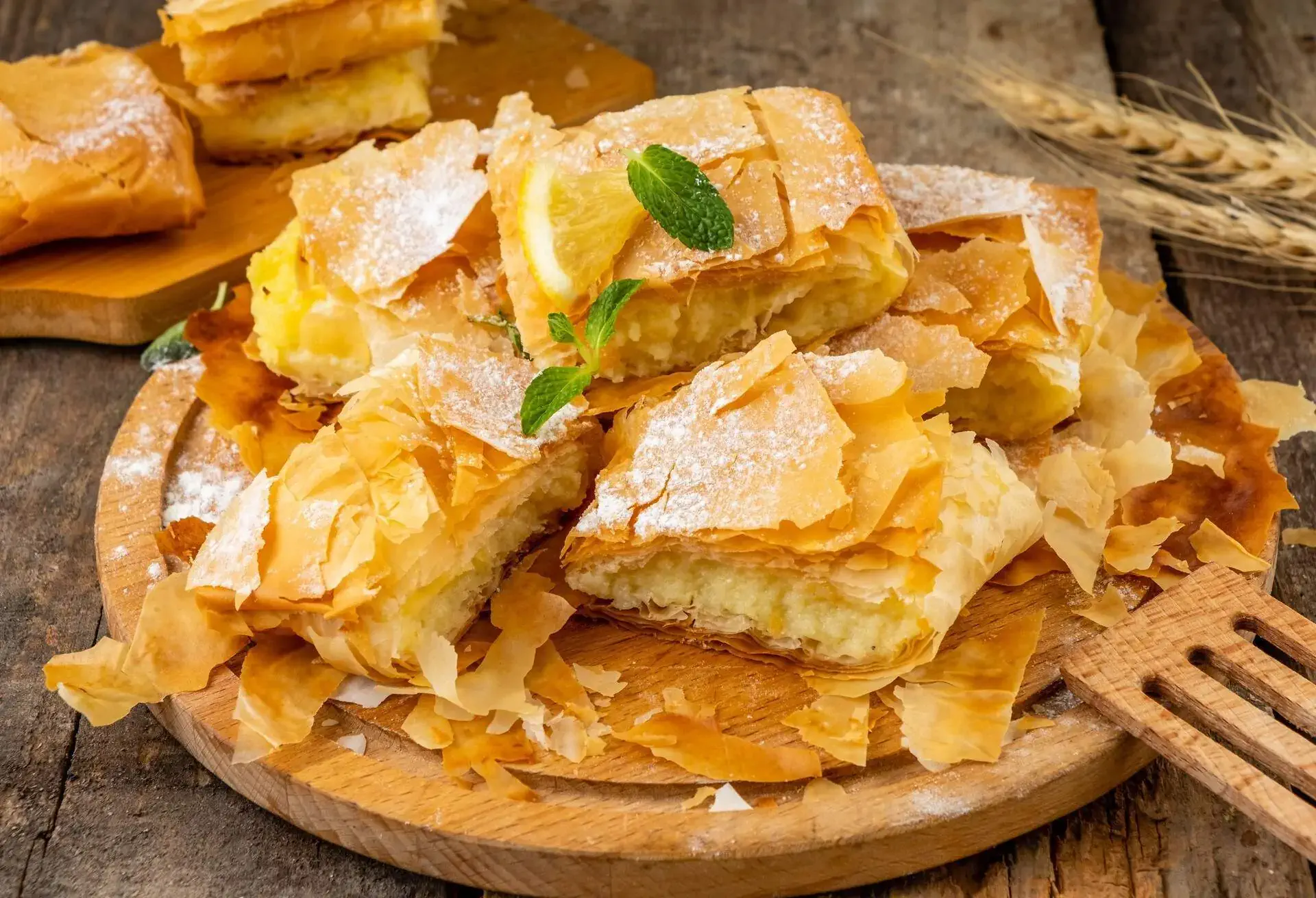 Bougatsa on a wooden board