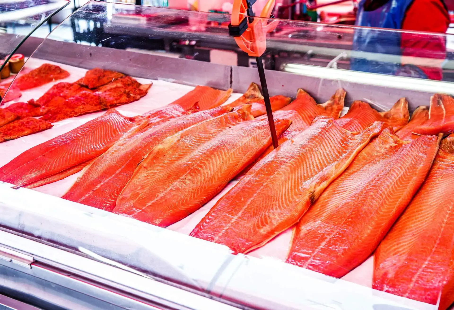 Samon seafood on the shelves of the fish market in Norway, Bergen 