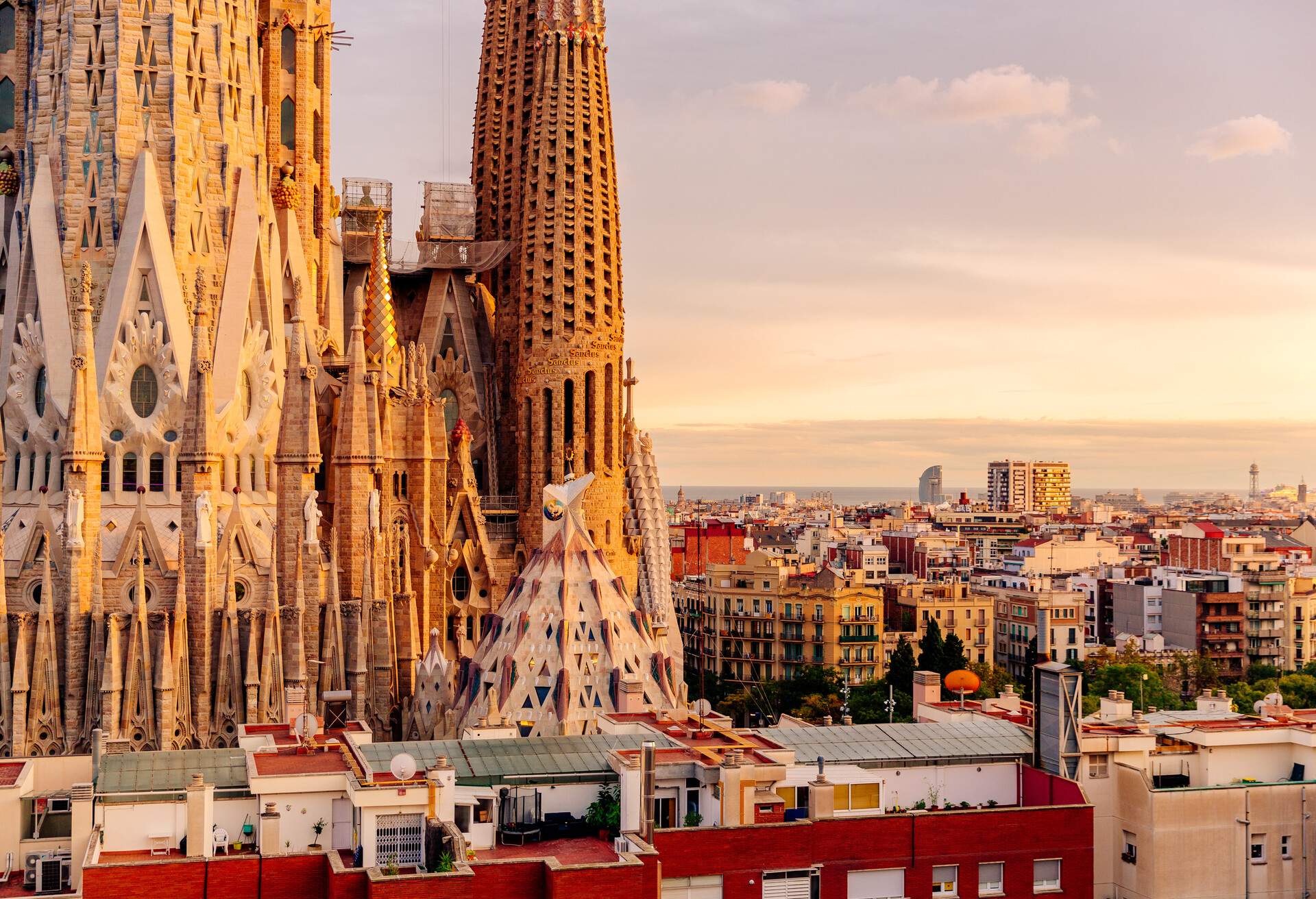 The grand Sagrada Familia towering over nearby buildings and houses.