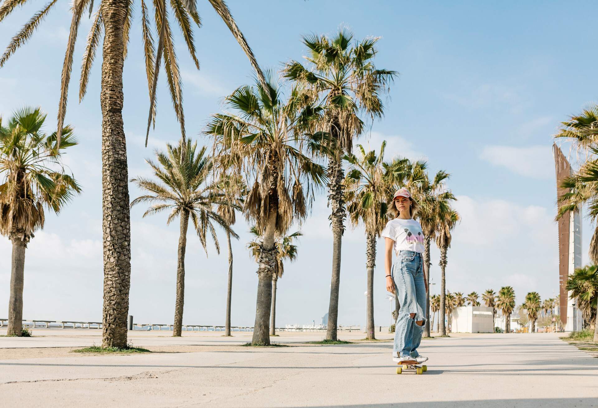 A person skateboarding on a street lined with palm trees.