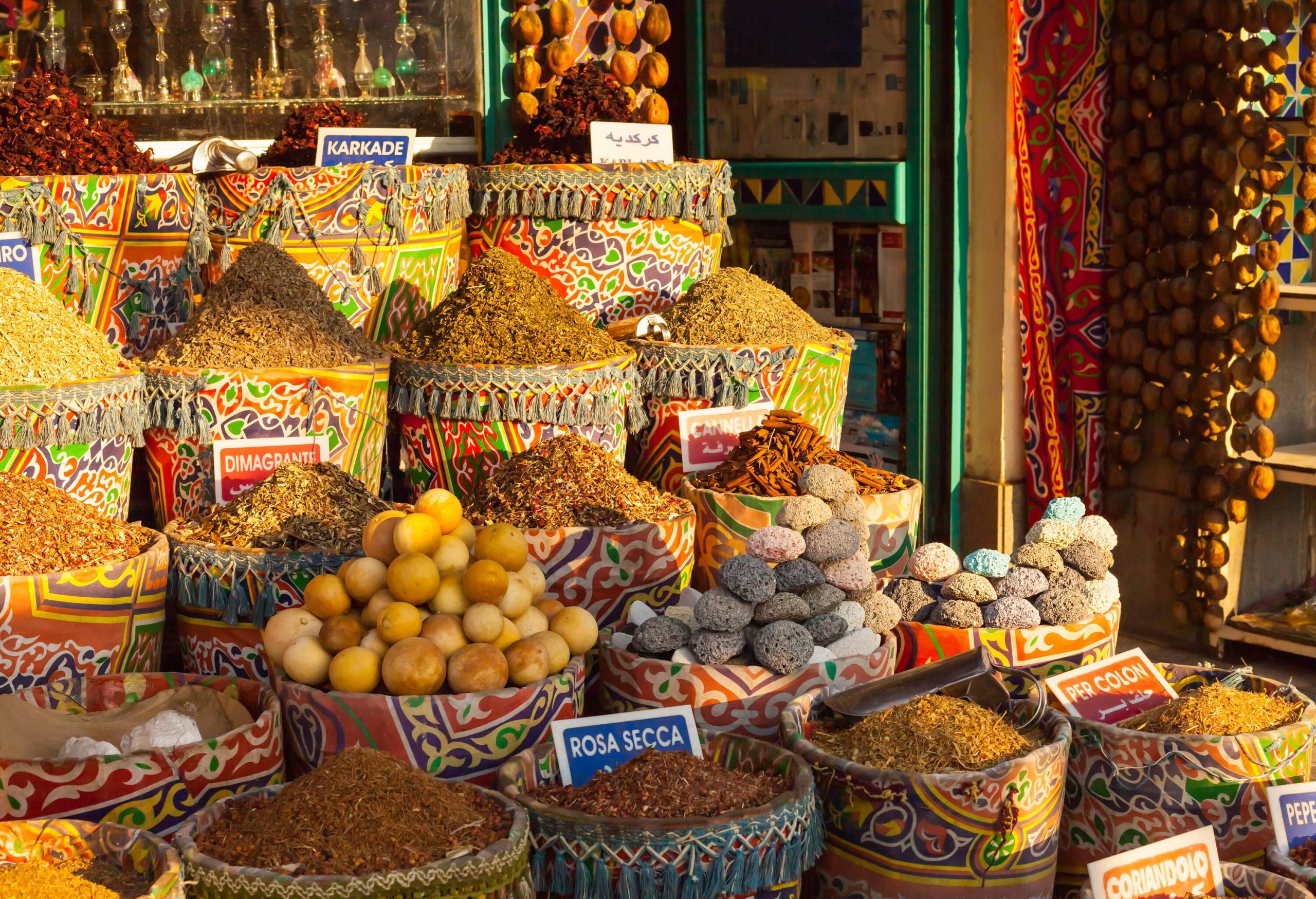Herbs and spices displayed in a shop in the street market.
