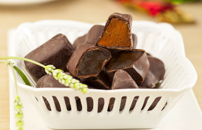 Candied fruit, covered with chocolate, typical from the Aragon region in Spain.; Shutterstock ID 294834176