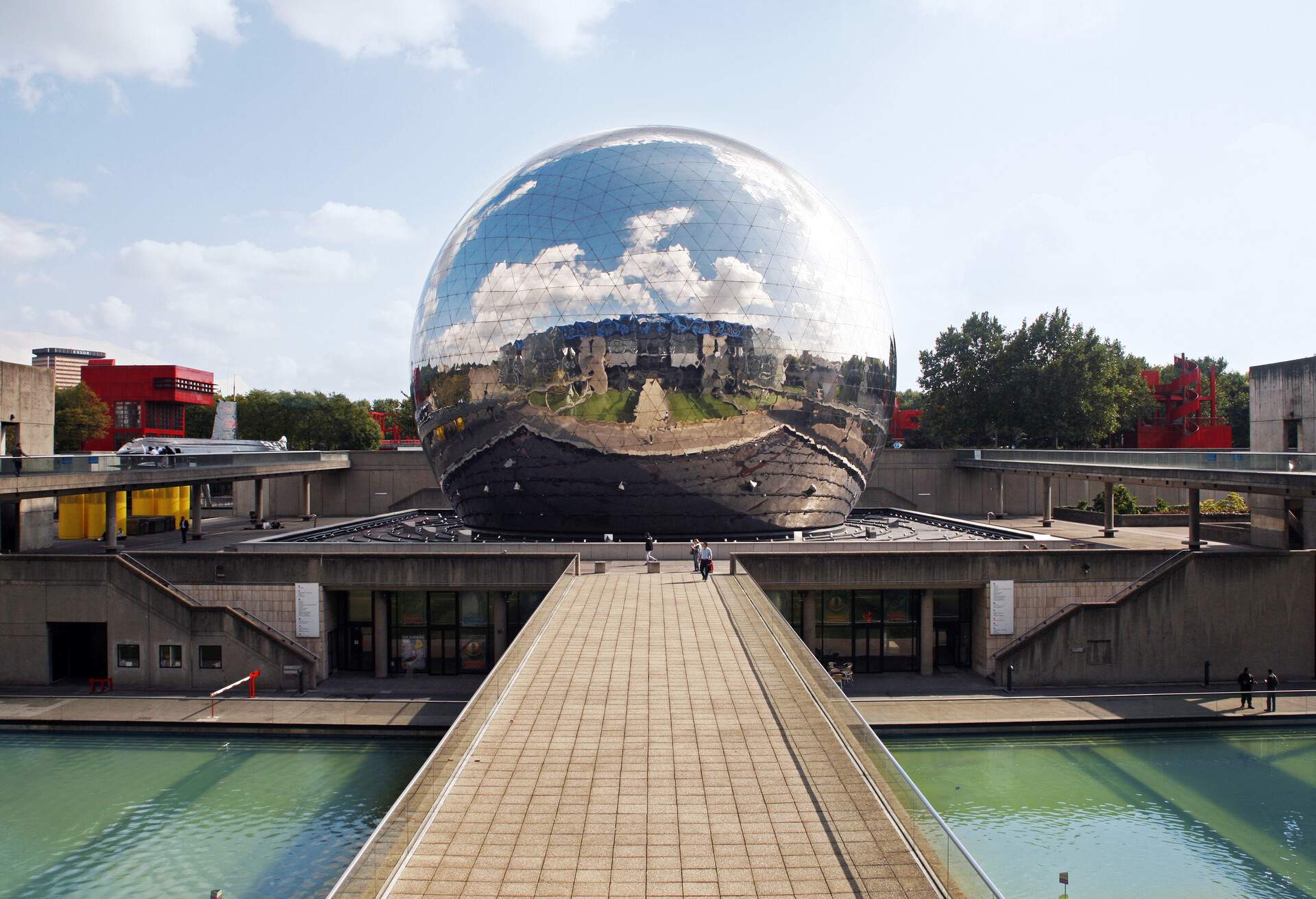 The La Géode's mirror finish reflecting the sky and its surroundings. 