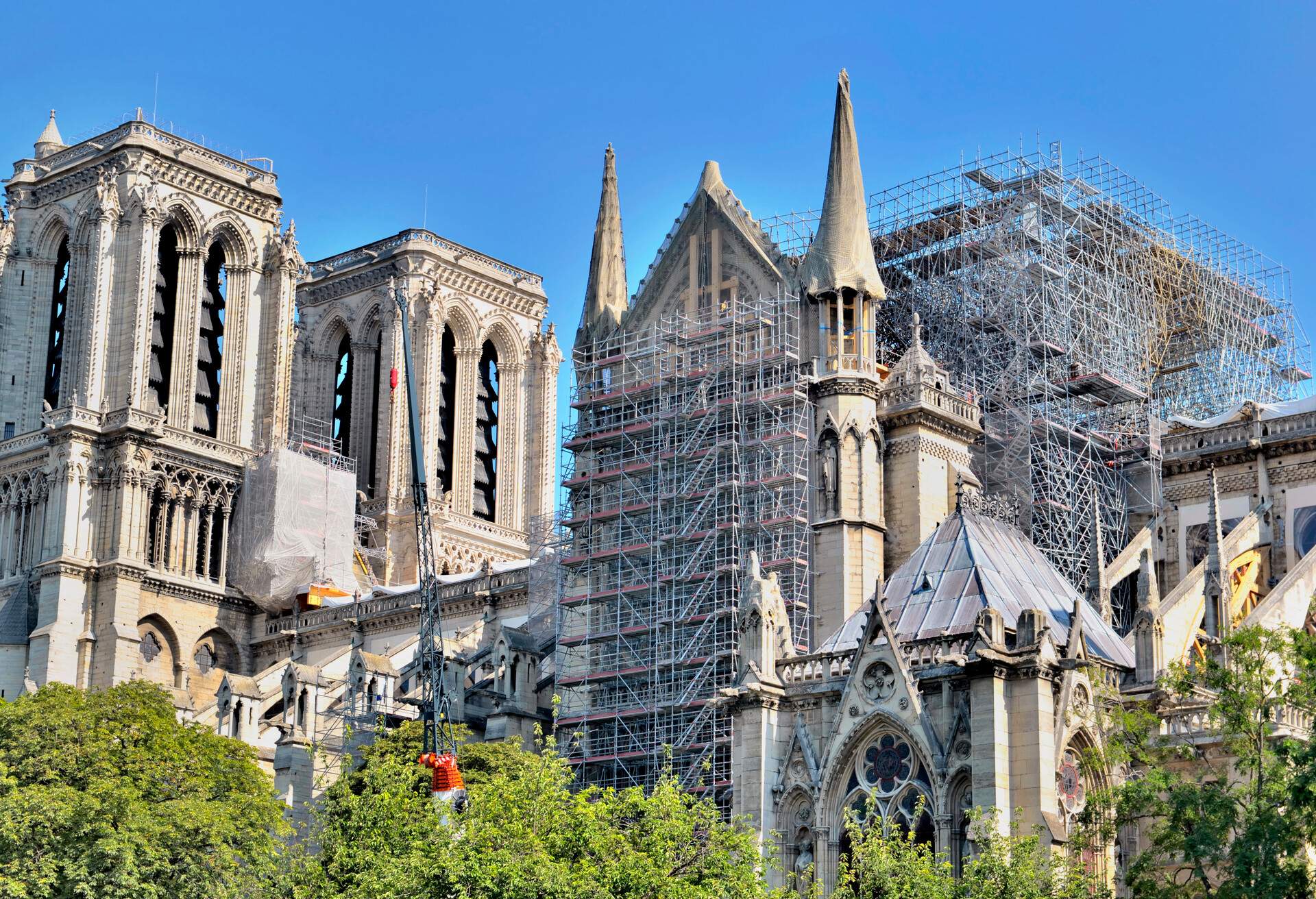scaffolding on the facade of the cathedral notre dame de Paris after fire