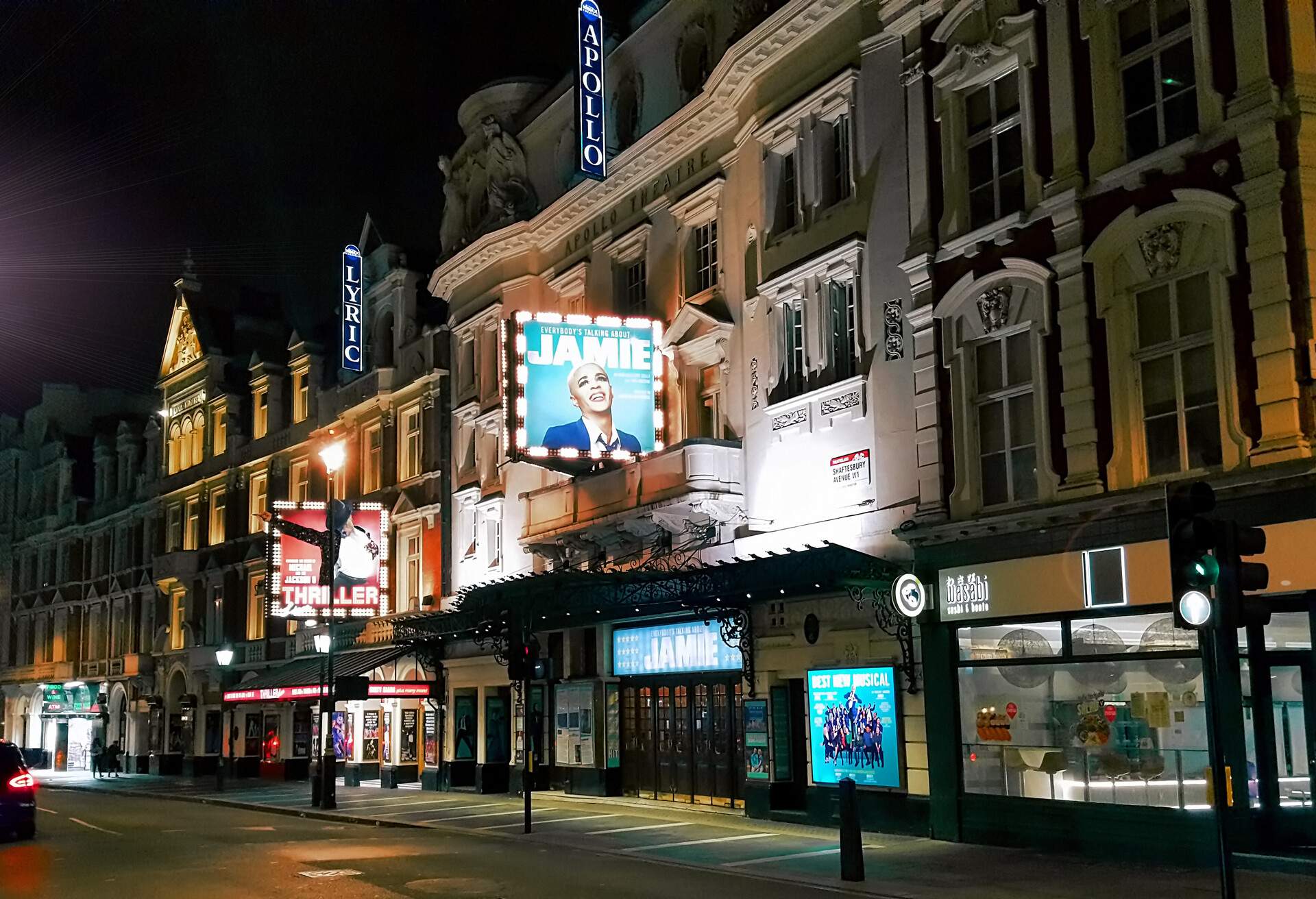 The Apollo Theatre and the Lyric Theater in the West End on Shaftesbury Avenue in the City of Westminster, in central London, England.