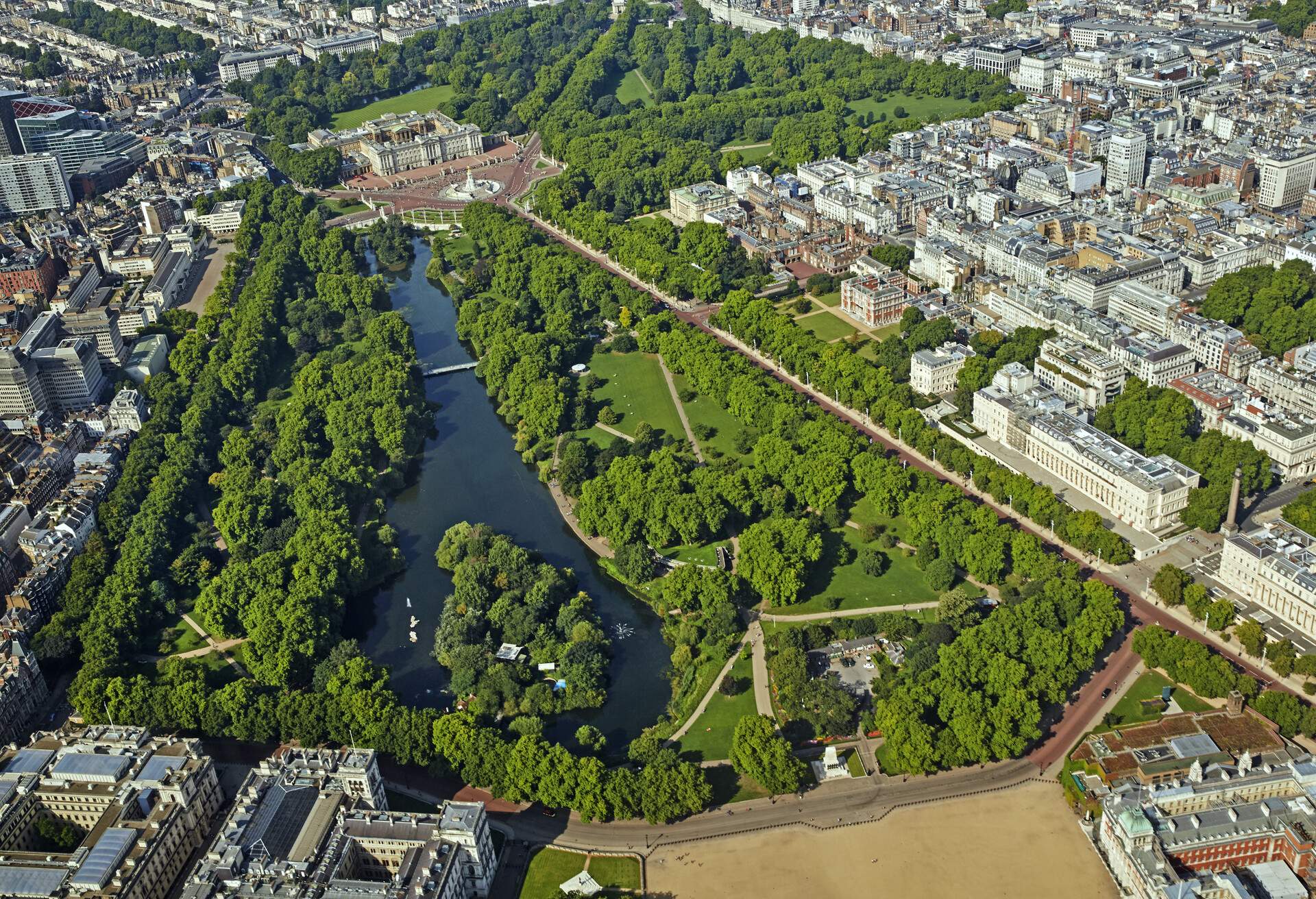 Aerial view of Buckingham Palace and St James Park in London