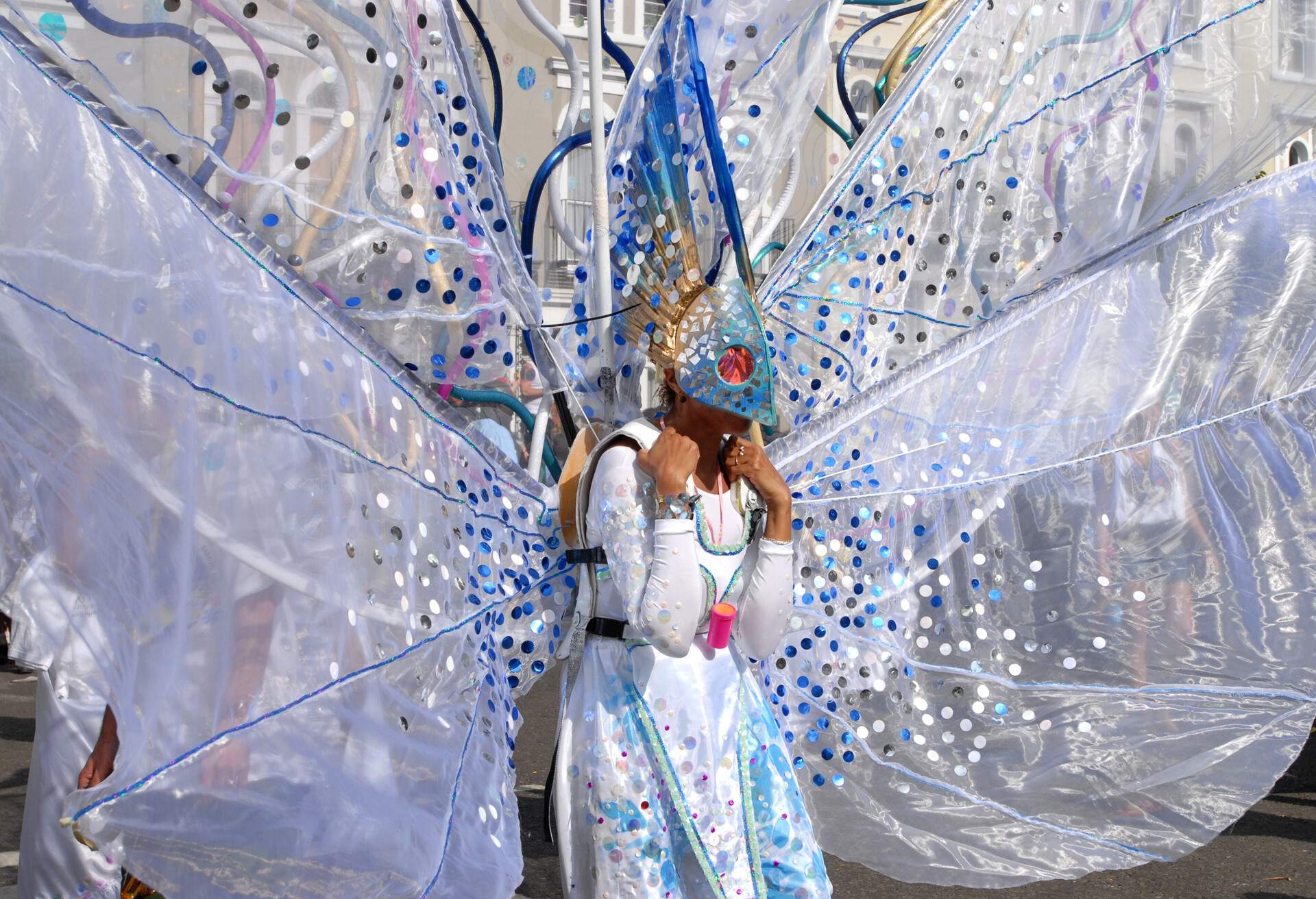 One of the many flamboyant costumes at the Notting Hill Carnival, London.