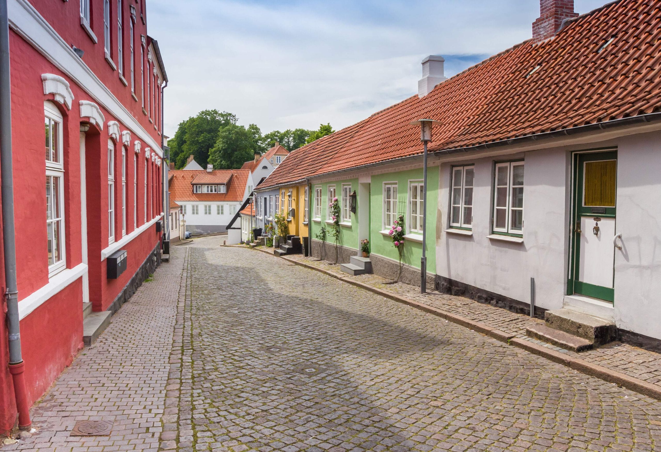 Colourful buildings and tiled-roof houses along a cobblestone path.