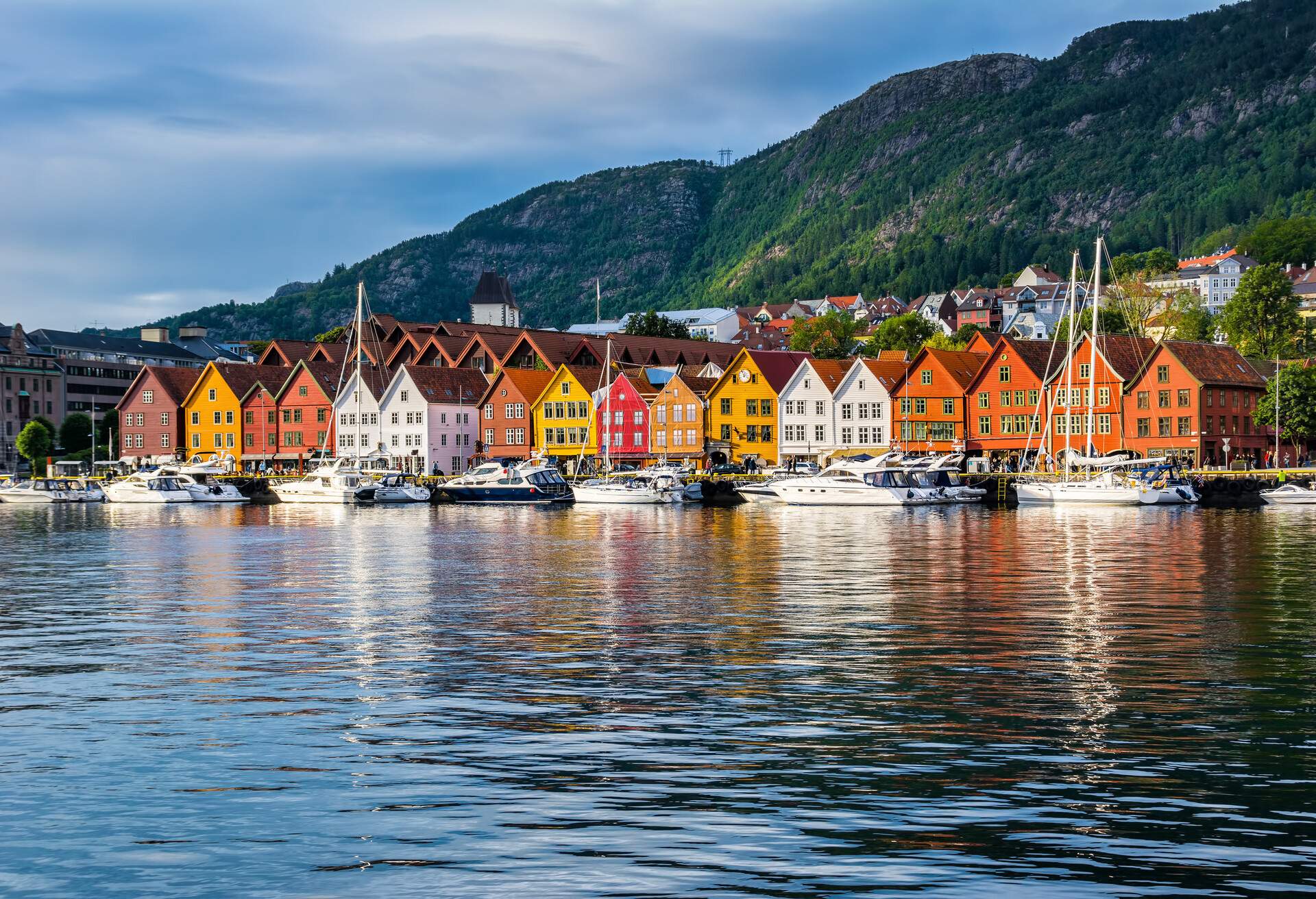 Row of colourful houses by the sea in Bergen, Norway