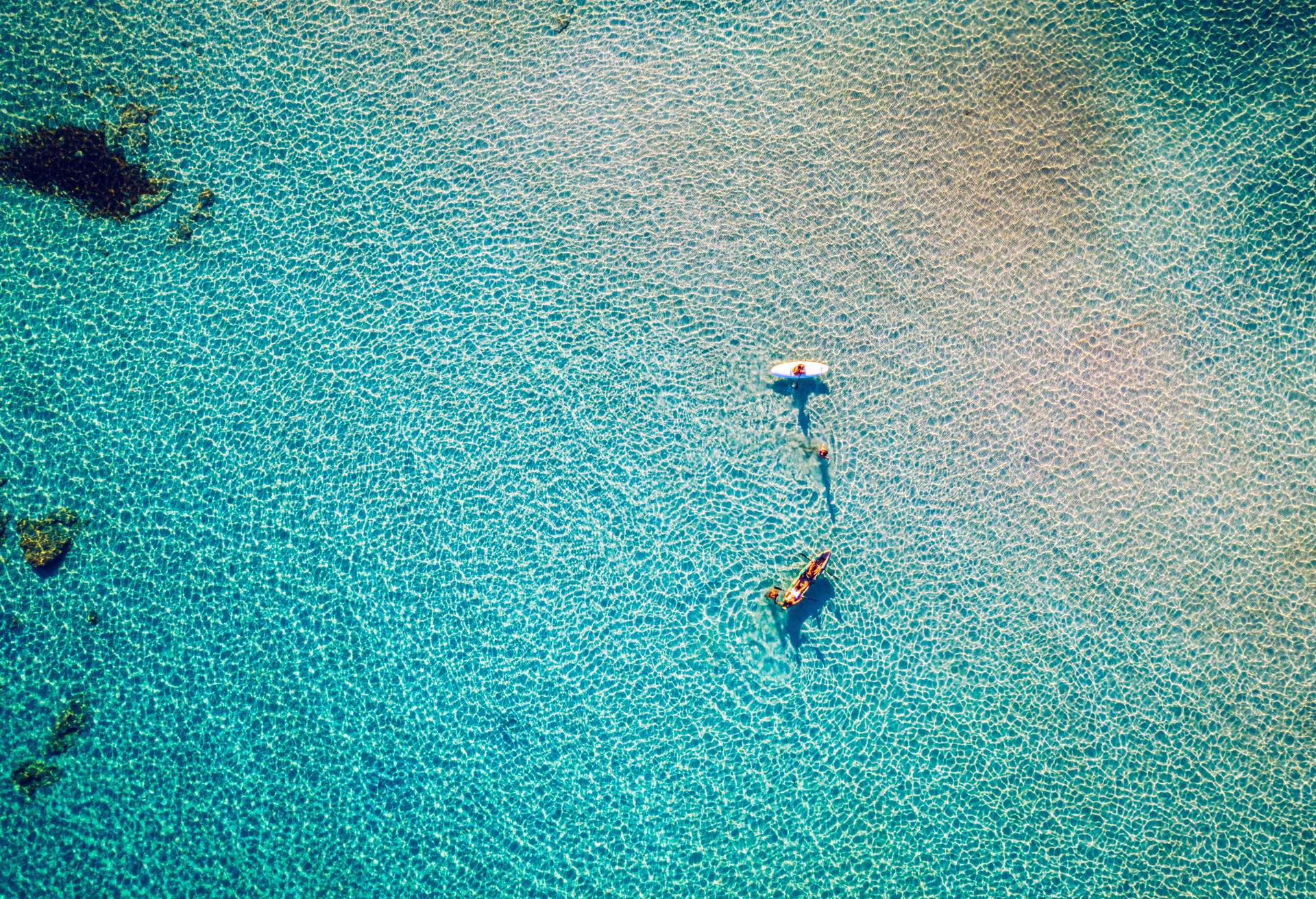 People enjoying a sunny day in the glistening turquoise sea.