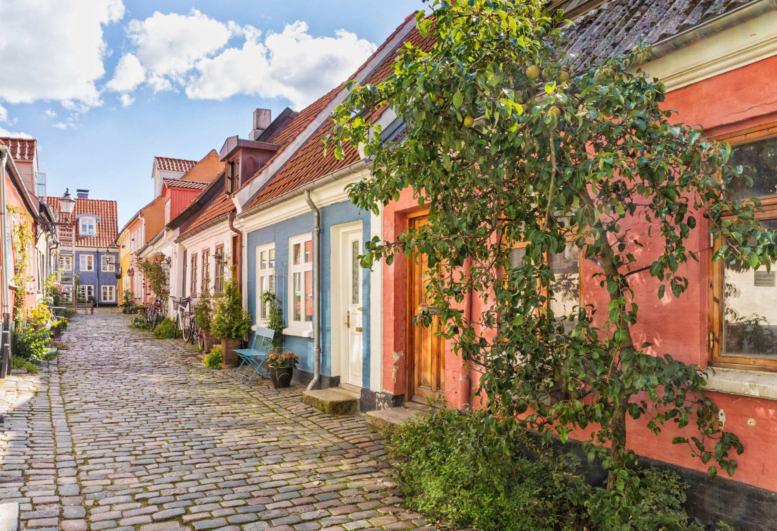 A narrow cobbled street lined with colourful houses with brick roofs.