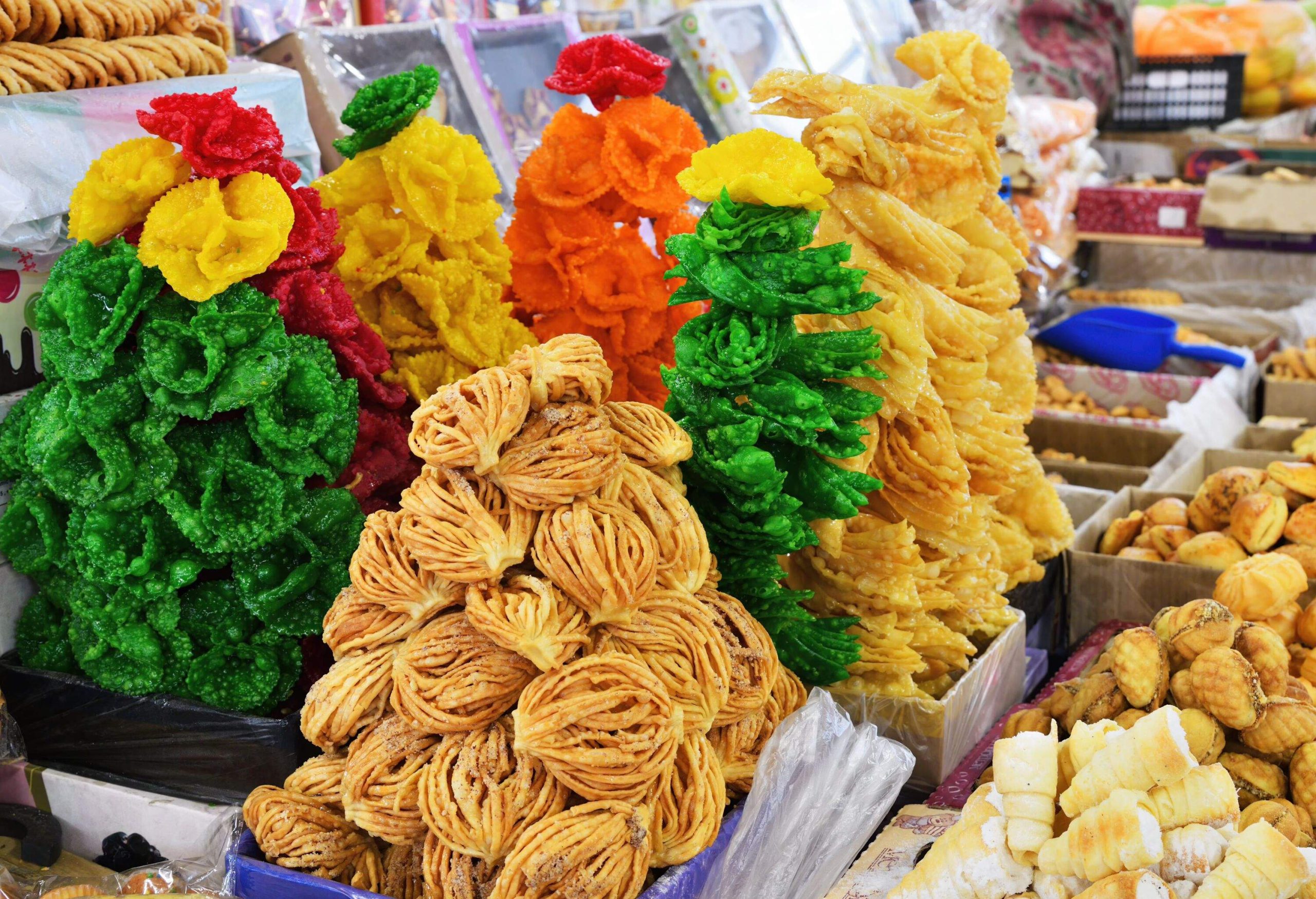 Various sweets sold in Kyrgyzstan. Central market in Bishkek. Osh open air market
