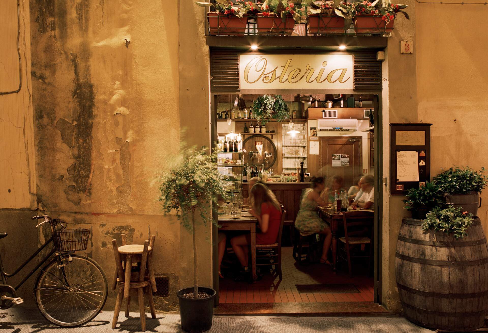 A restaurant entrance with the signage "Osteria" and ornamentals plants beside a parked bicycle.