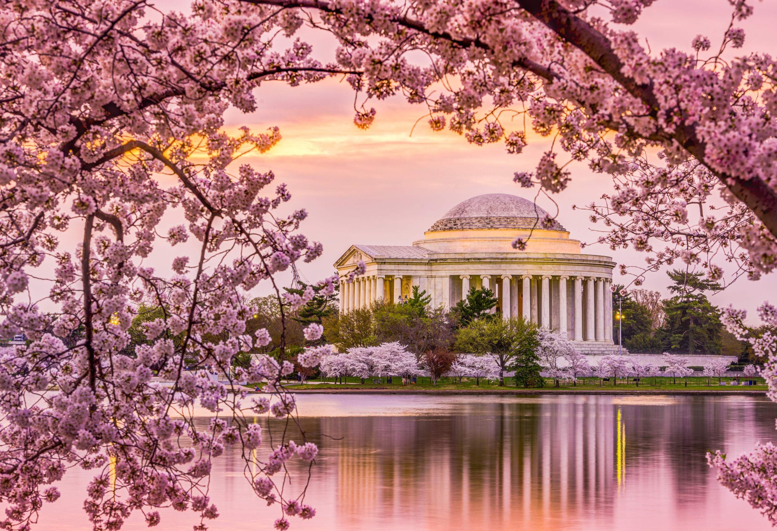 Picturesque view of a columned dome reminiscent of Rome's Pantheon, situated on a man-made reservoir adorned with blooming cherry blossoms.