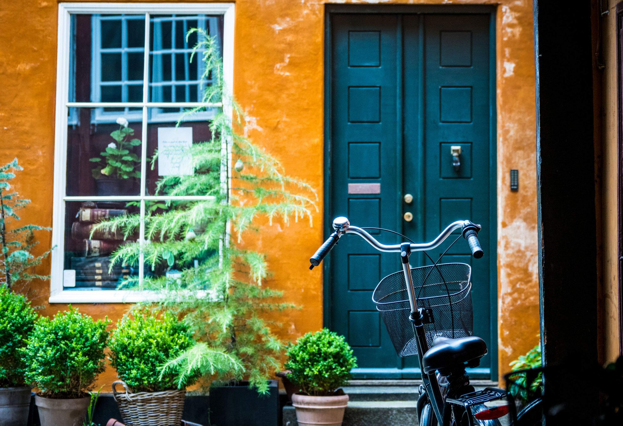 A bicycle parked in front of a blue door on an orange wall lined with plants.