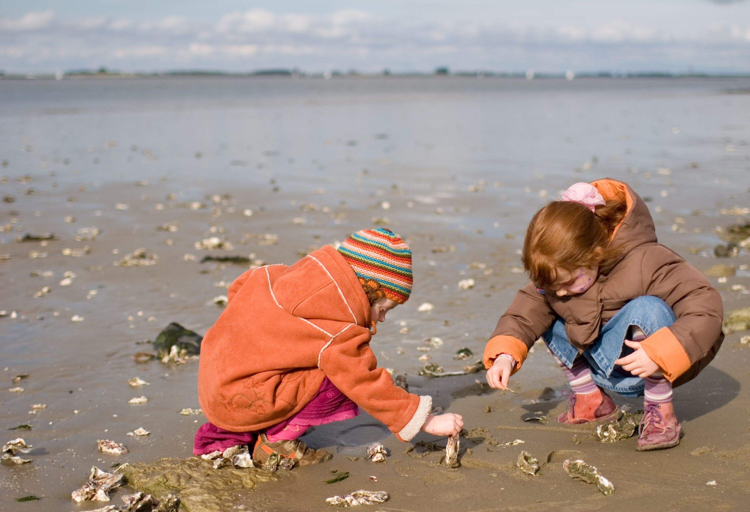 "Two girls, aged 3 and 5, searching oysters at the shore of the North Sea.Location: North-sea, Belgium"