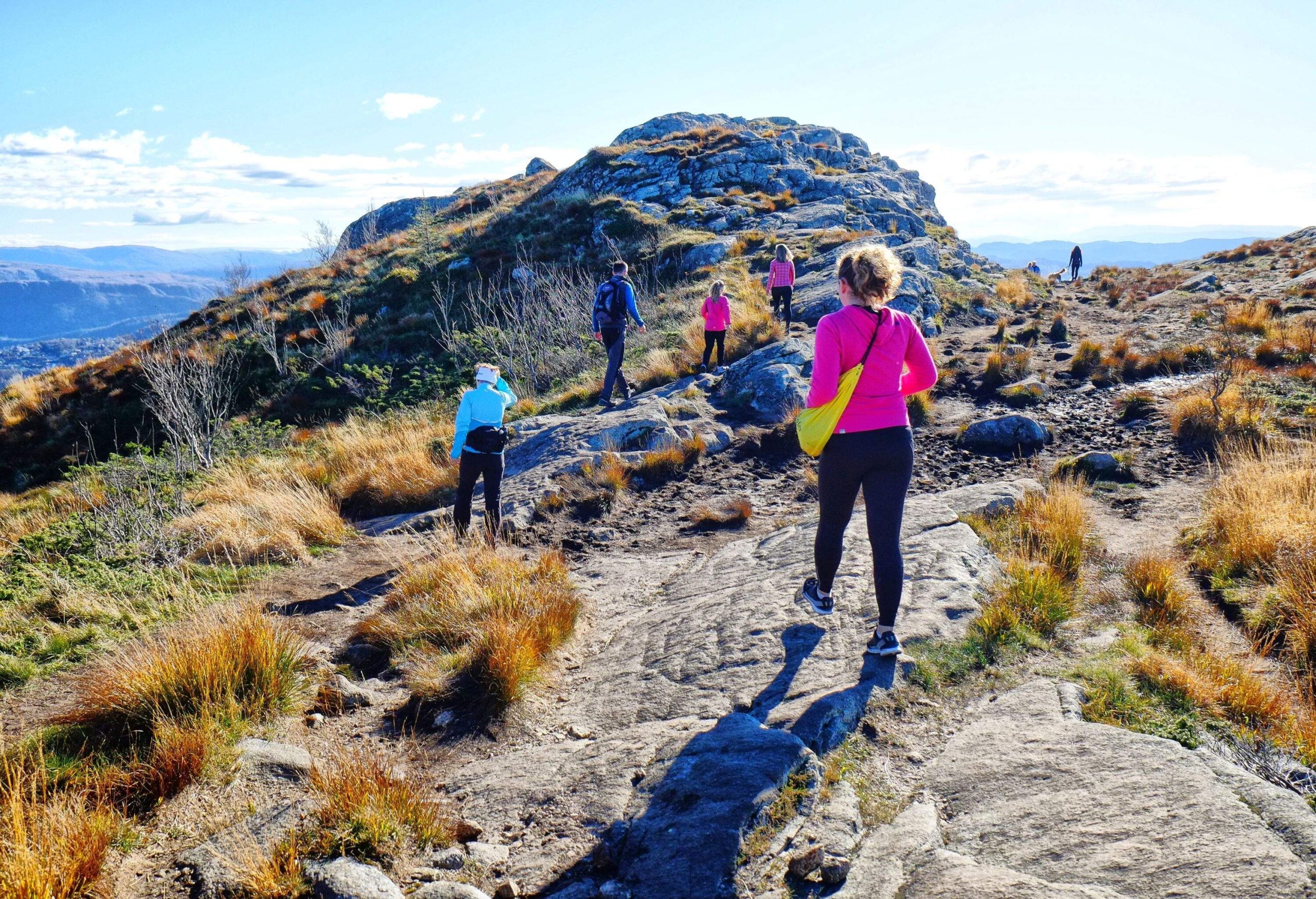 People in athletic clothing hike a mountain's rough terrain.