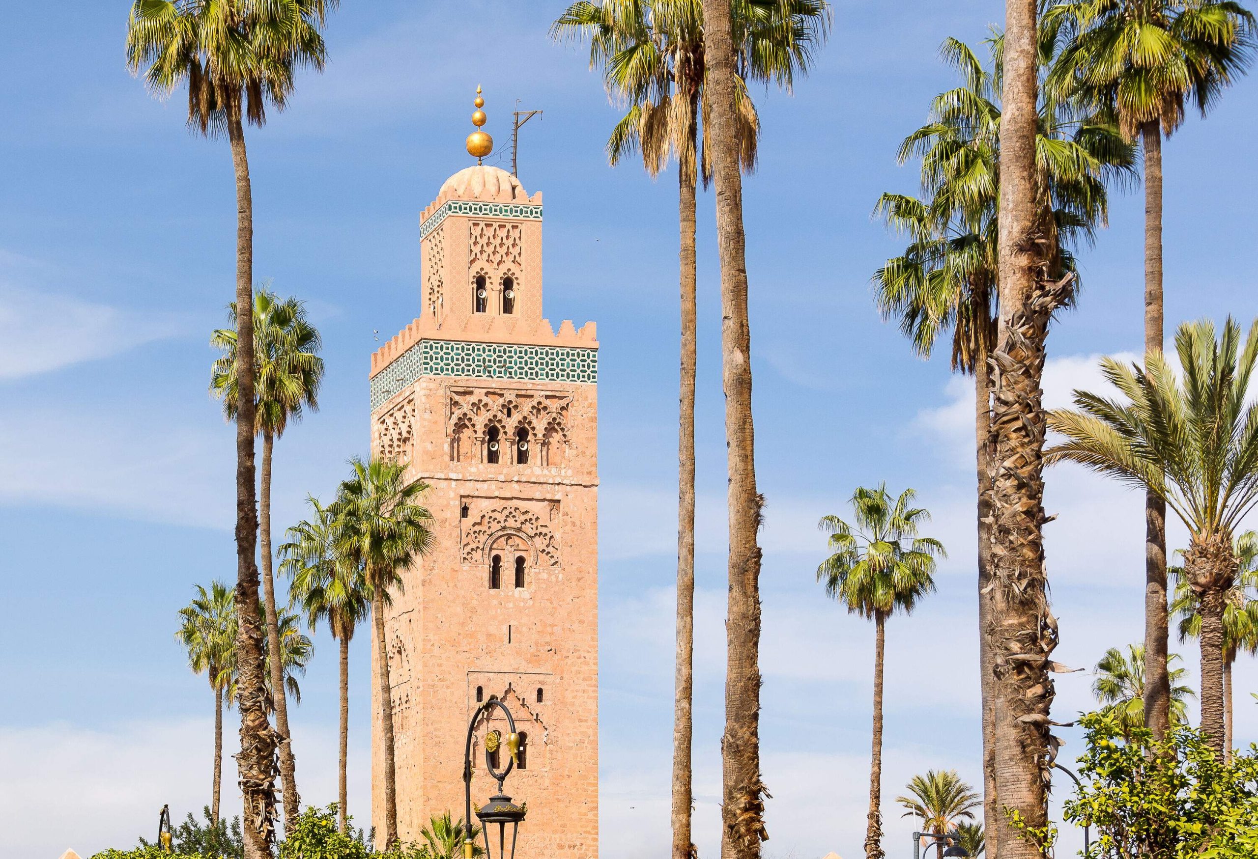 Kutubiyya Mosque's minaret and towering palm trees soaring into the azure sky.