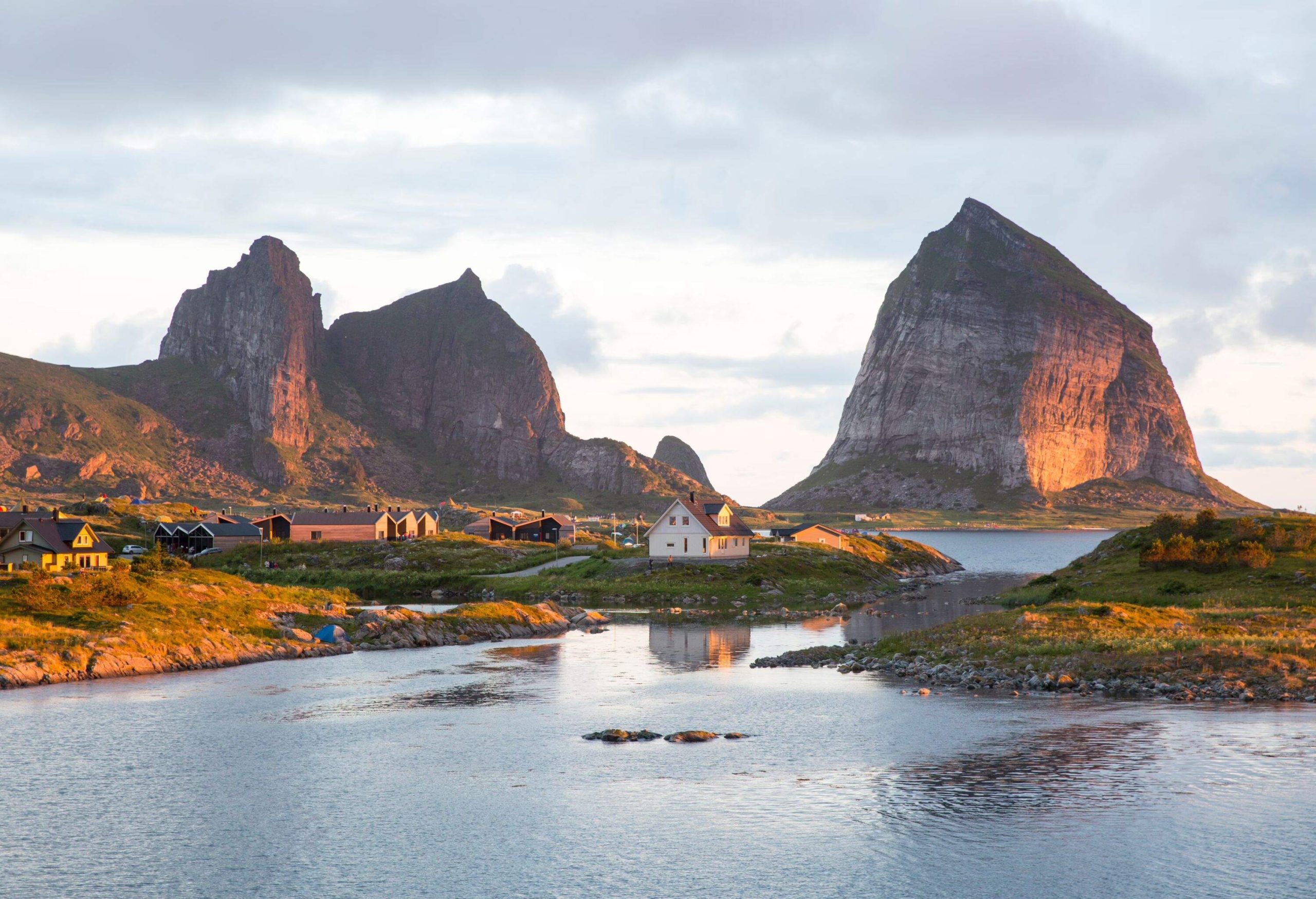 view over island of Traena under the midnight sun, Norway