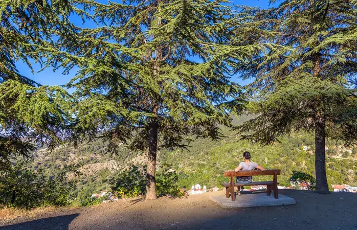 Girl sitting on the bench in Troodos mountain, Cyprus; Shutterstock ID 689919253; Brand (KAYAK, Momondo, Any): Any