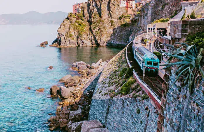 train in coastline in Manarola,Cinque Terre,Italy