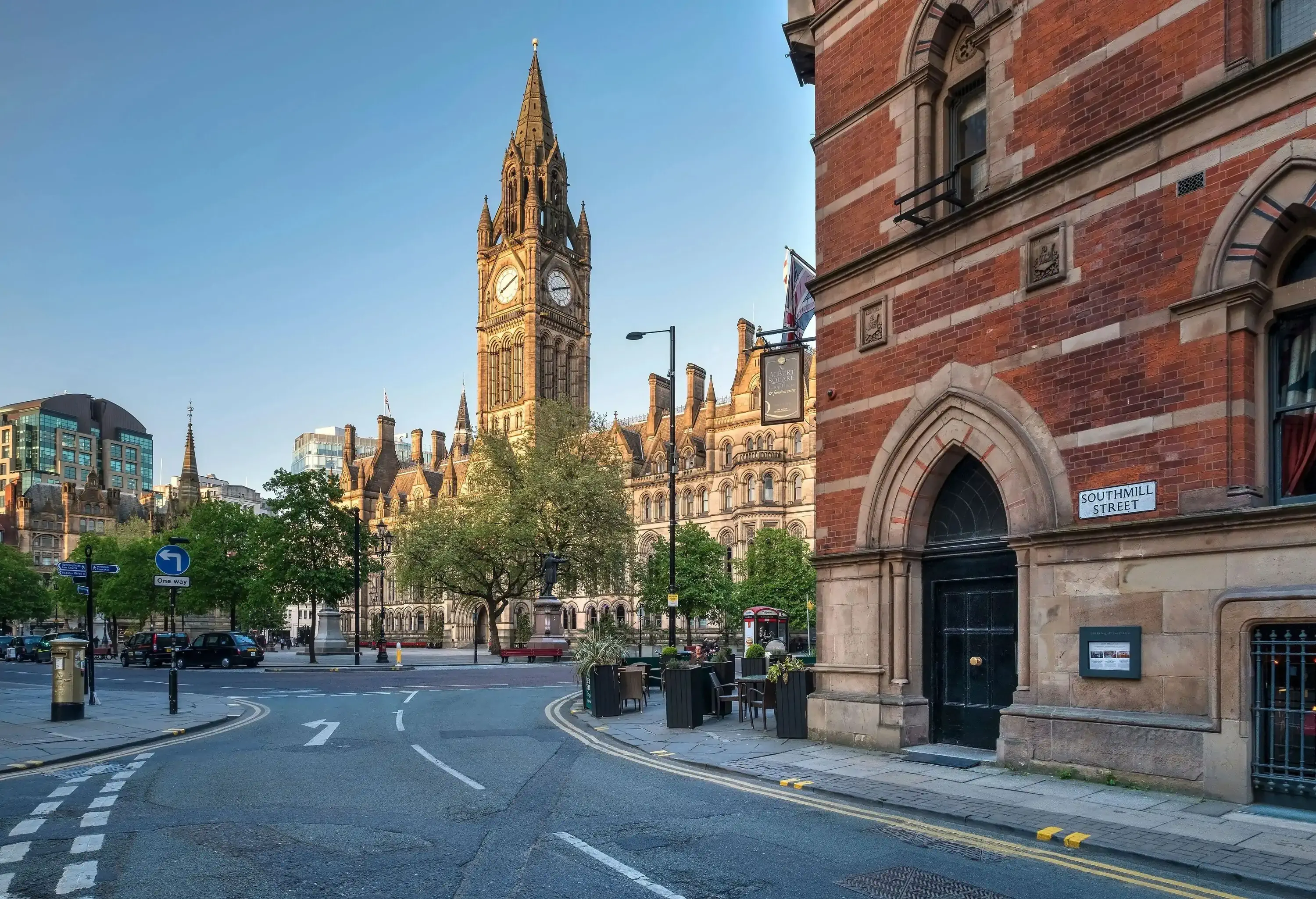 The Manchester Town Hall and clock tower as seen from the Southmill Street.