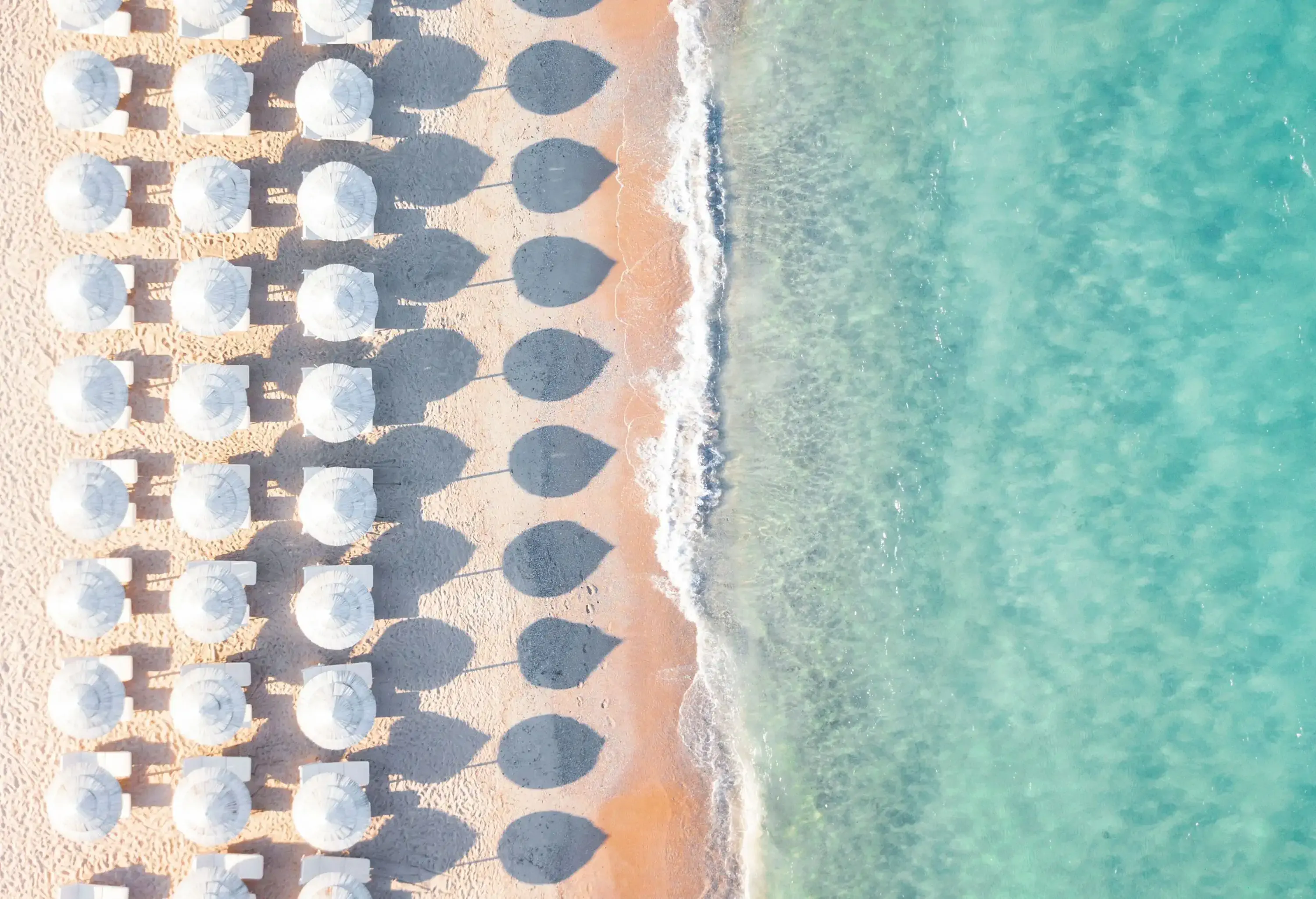 Rows of white umbrellas casting shadows on the shore where the turquoise sea meets the sand.