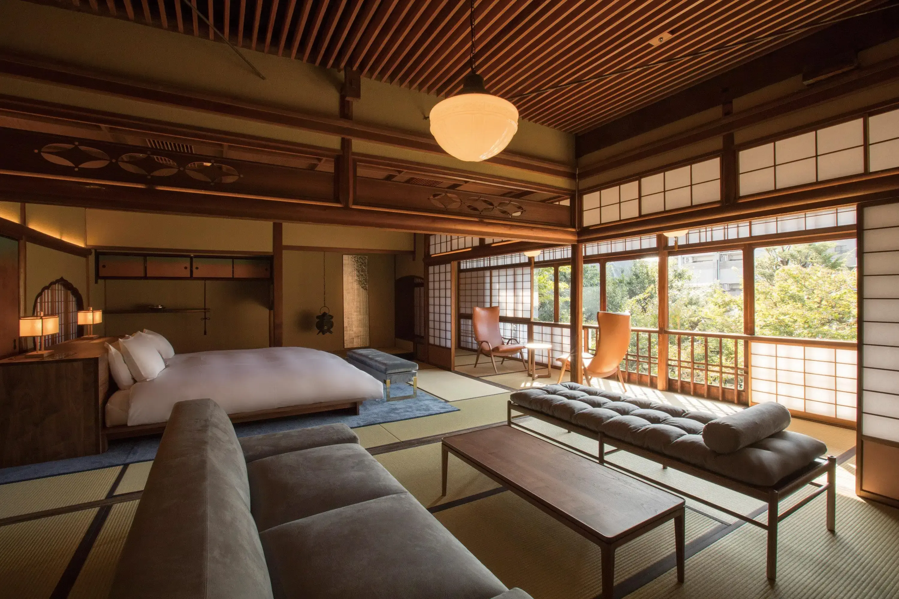 Hotel room decorated as classic Japanese interior