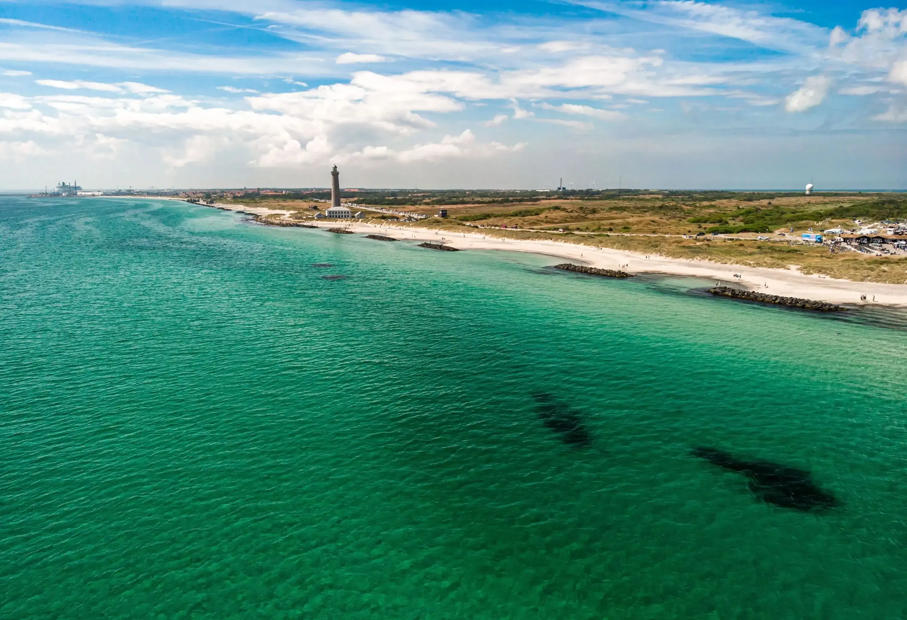 Aerial view of the beaches of Grenen at Skagen Odde peninsula in Skagen, Denmark.
