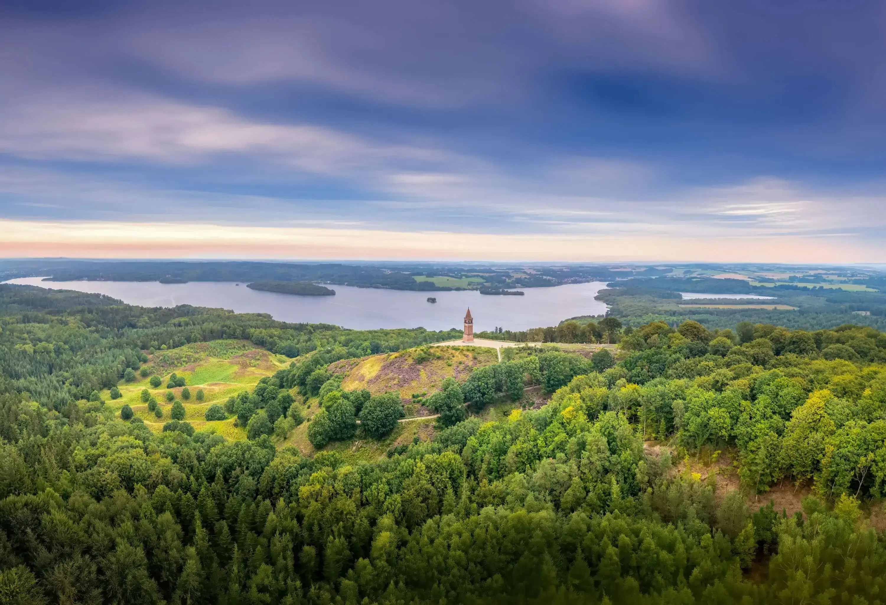 High angle view of a monument surrounded by trees and lakes