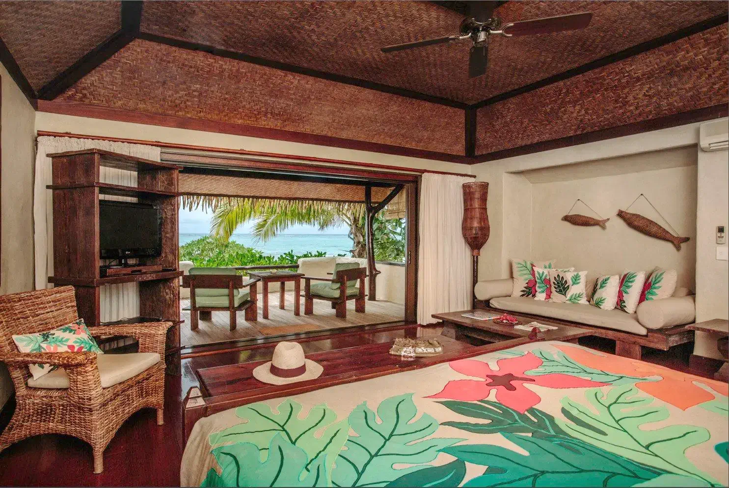 Interior of tropical hotel room with sea view