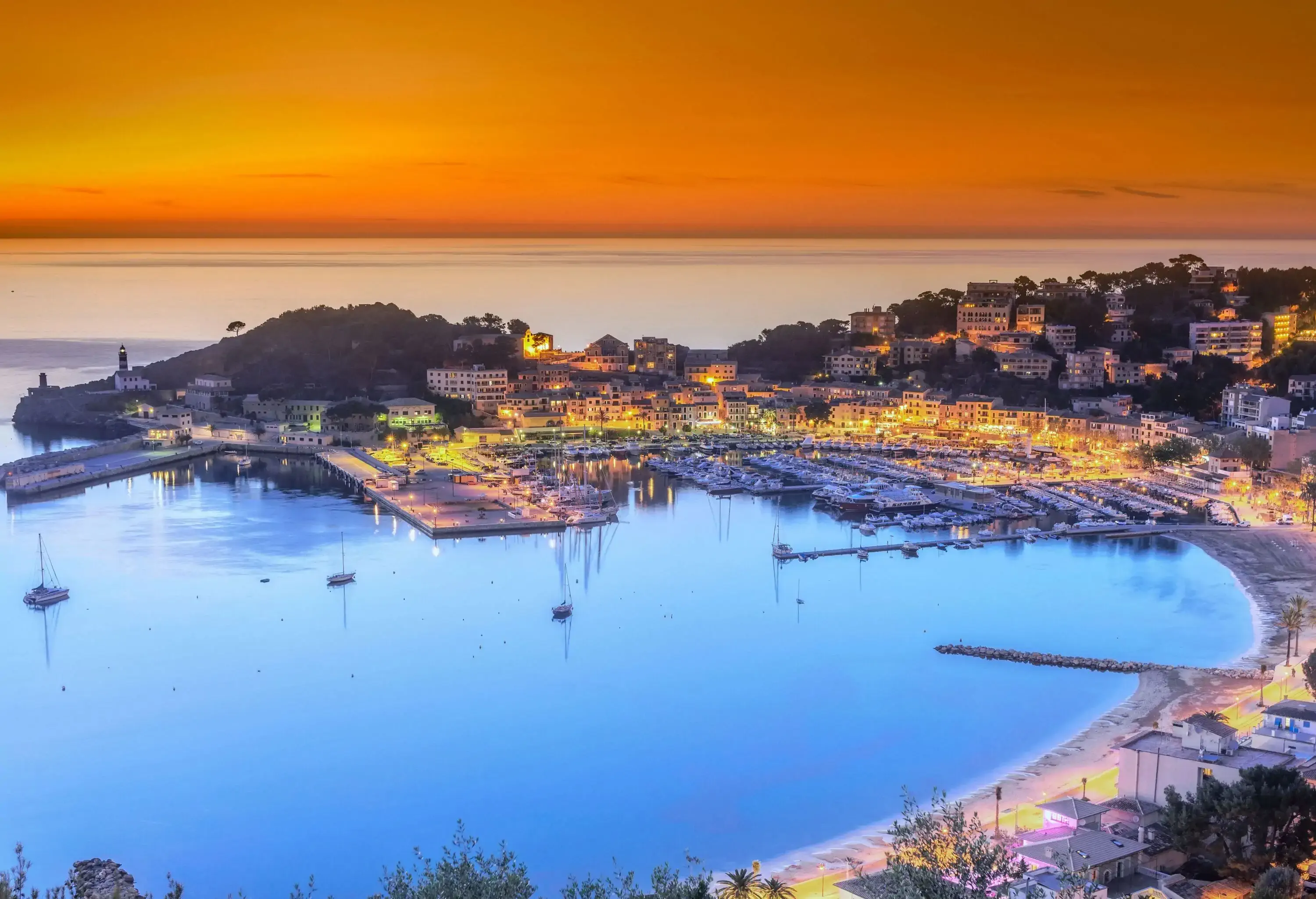 A harbour with many boats docked in a cove adjacent to a town with lush trees.
