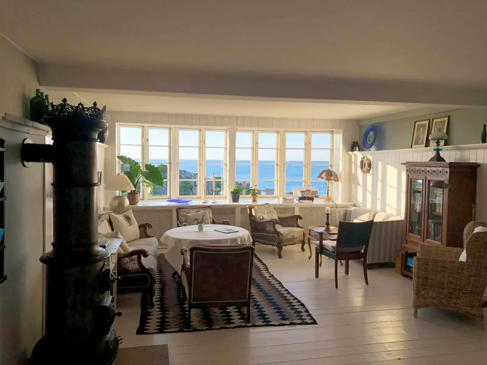 Classic hotel lobby overlooking the sea