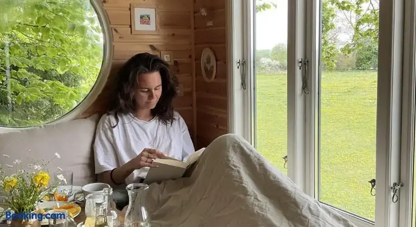 A woman reading a book by the window of a treehouse