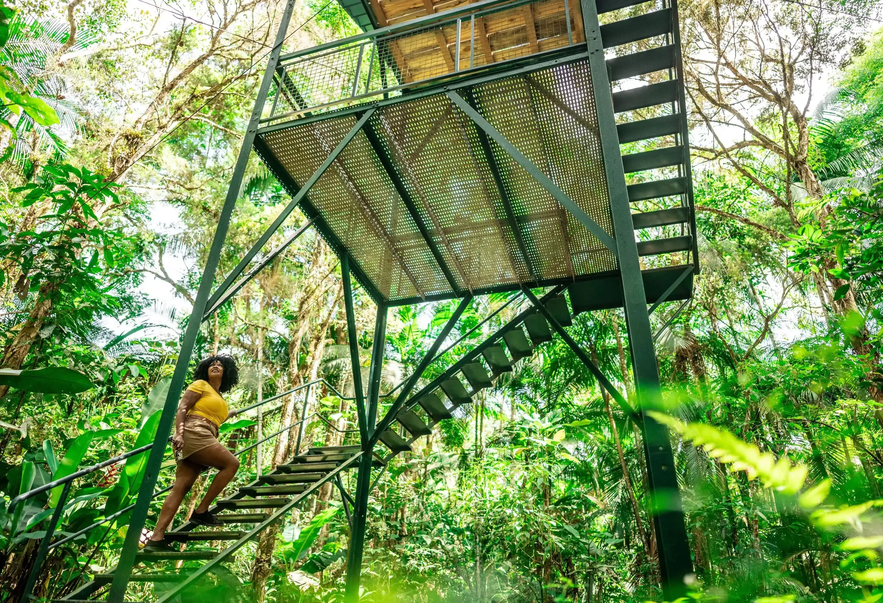 Mid adult tourist woman moving up stairs on observation tower in rainforest