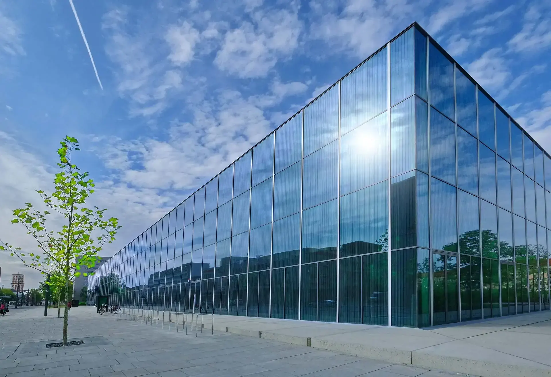 Moderne glasbygning med reflektioner af himlen og et træ foran.